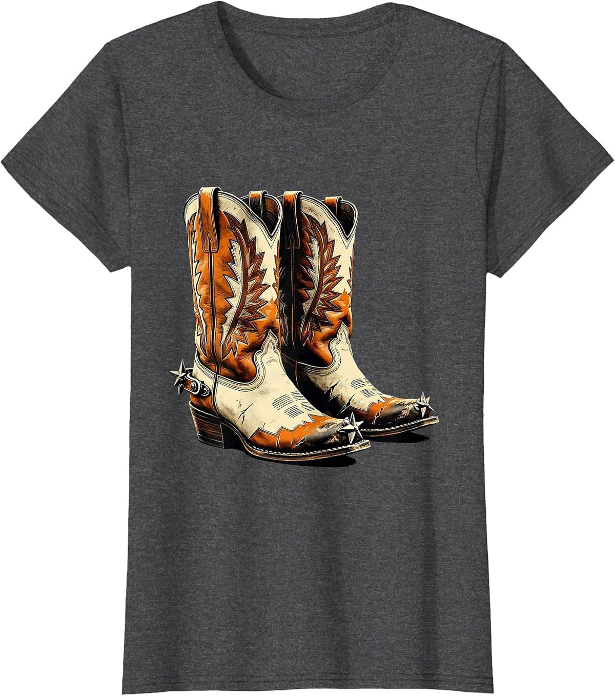 Women's Worn Cowboy Boots With Spurs Graphic T-Shirt - Dark Heather Grey