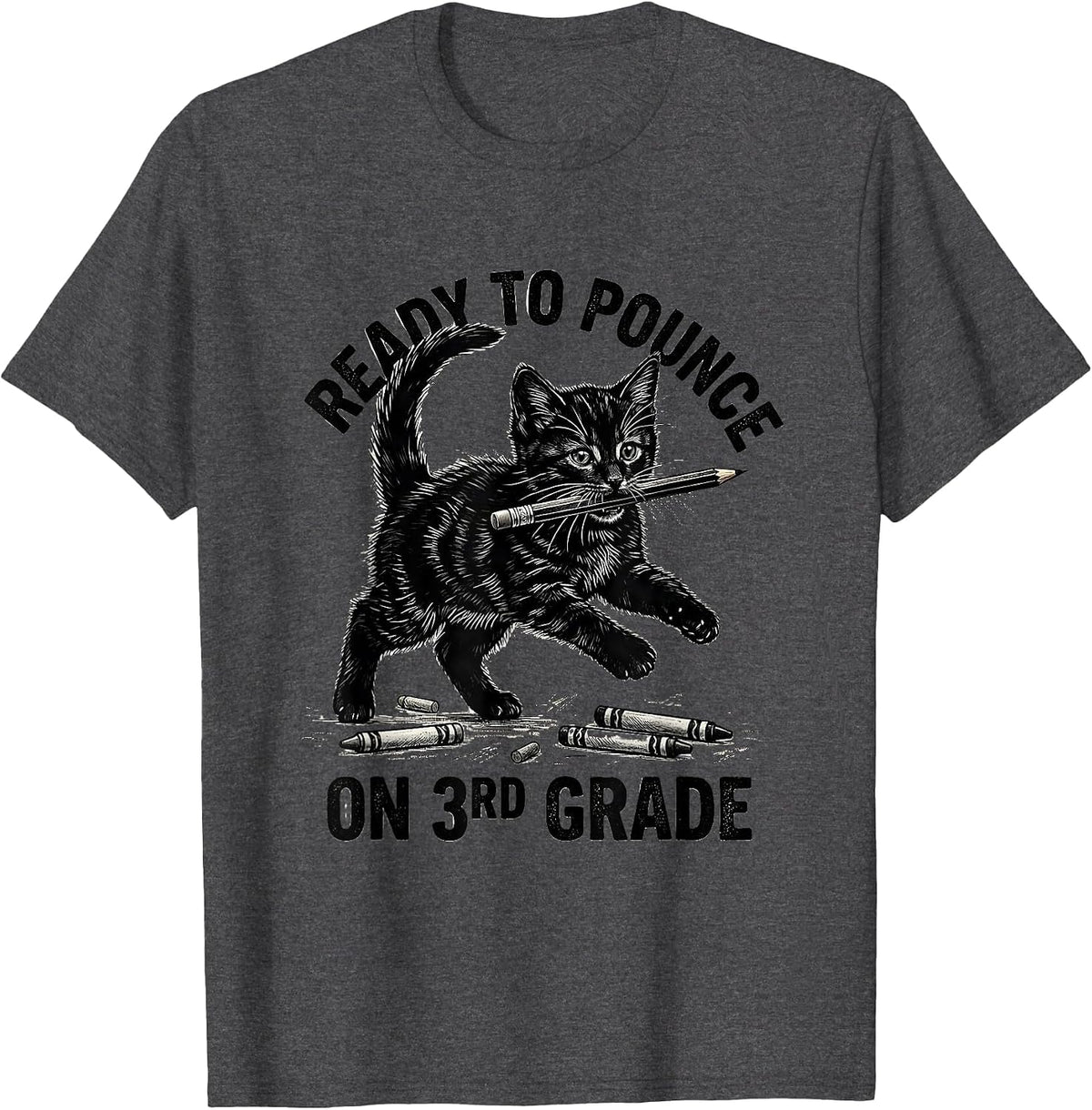 Men's Ready To Pounce On 3rd Grade Cute Cat Kitten Back To School T-Shirt - Dark Heather Grey