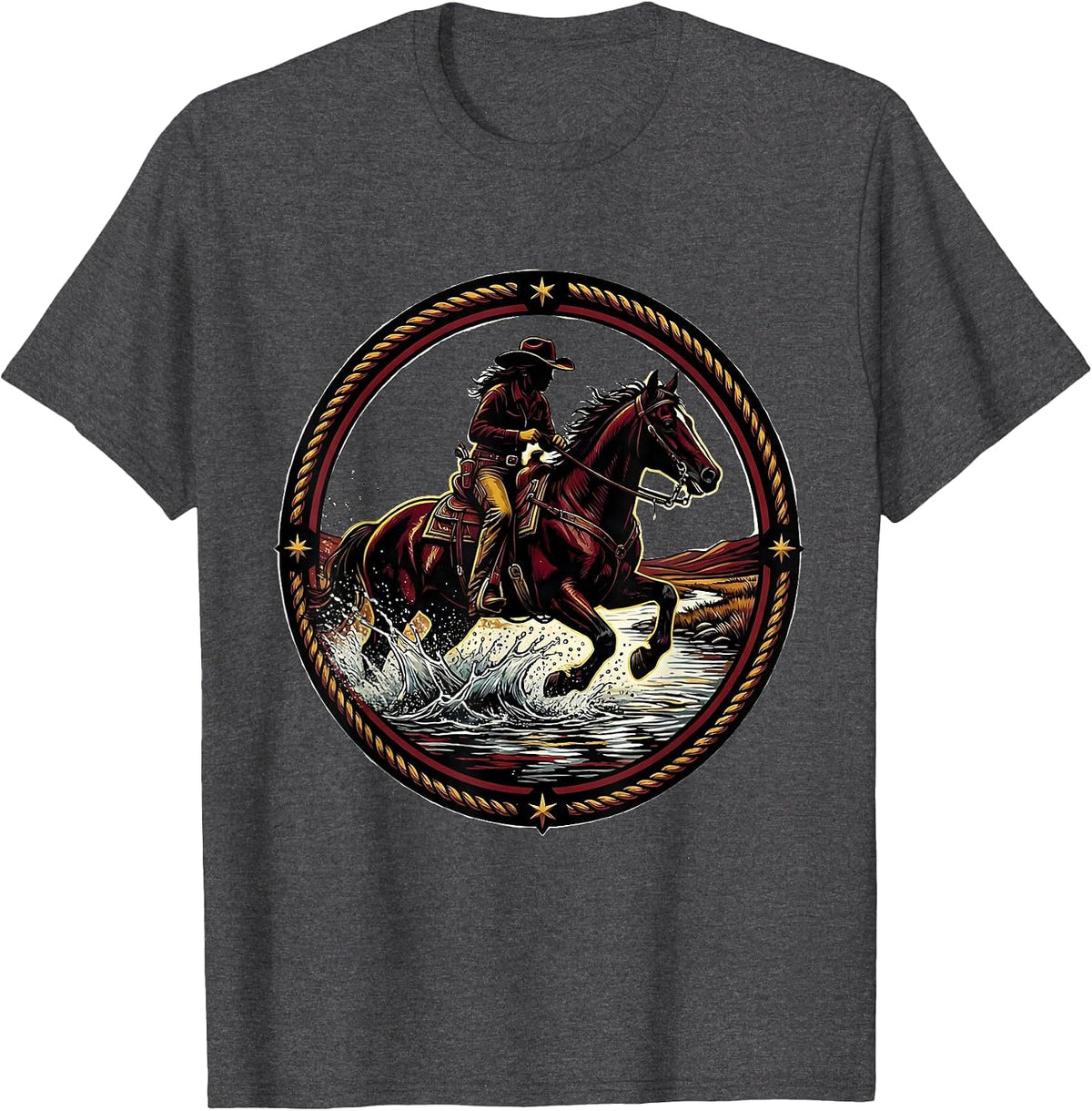 Men's Cowgirl Riding Horse Through River Crossing T-Shirt - Dark Heather Grey