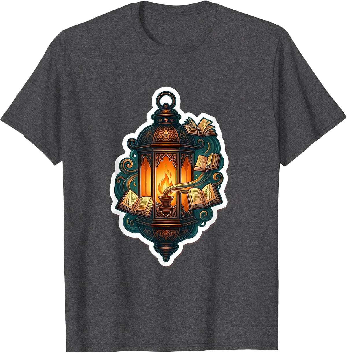 Reading Teacher Glowing Lantern Floating Letters T-Shirt - Dark Heather Grey