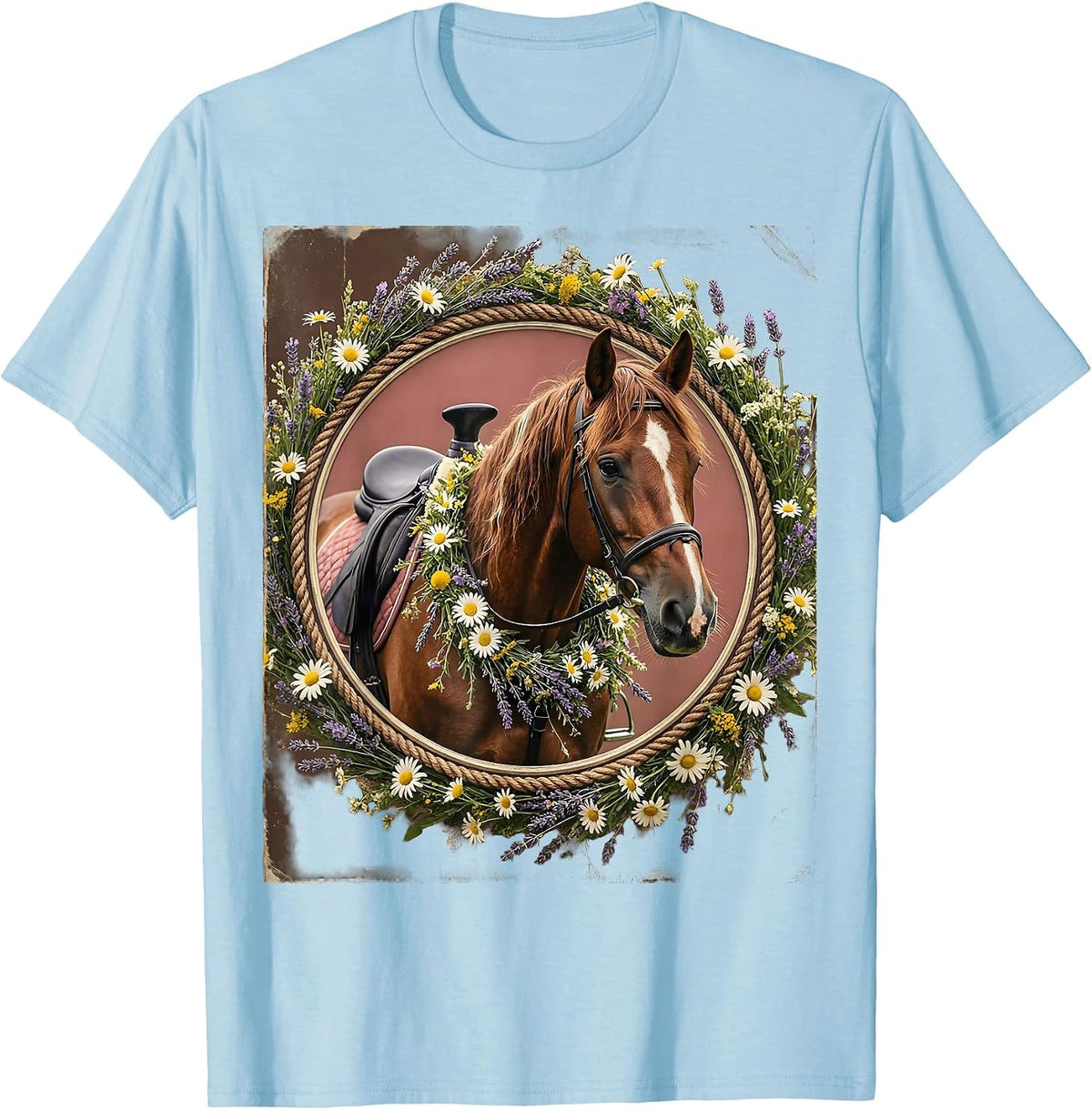 Floral Cowgirl Horse Wildflower Garland Design T-Shirt - Baby Blue
