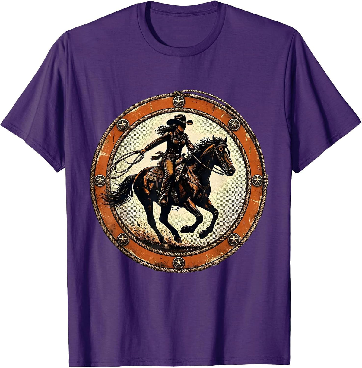 Cowgirl Riding Galloping Horse Graphic T-Shirt - Purple