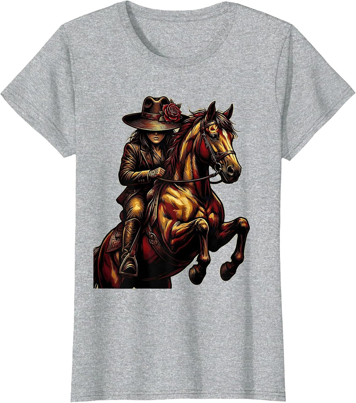 Cowgirl Horseback Rider Wide Brim Hat Western Art T-Shirt - Heather Grey