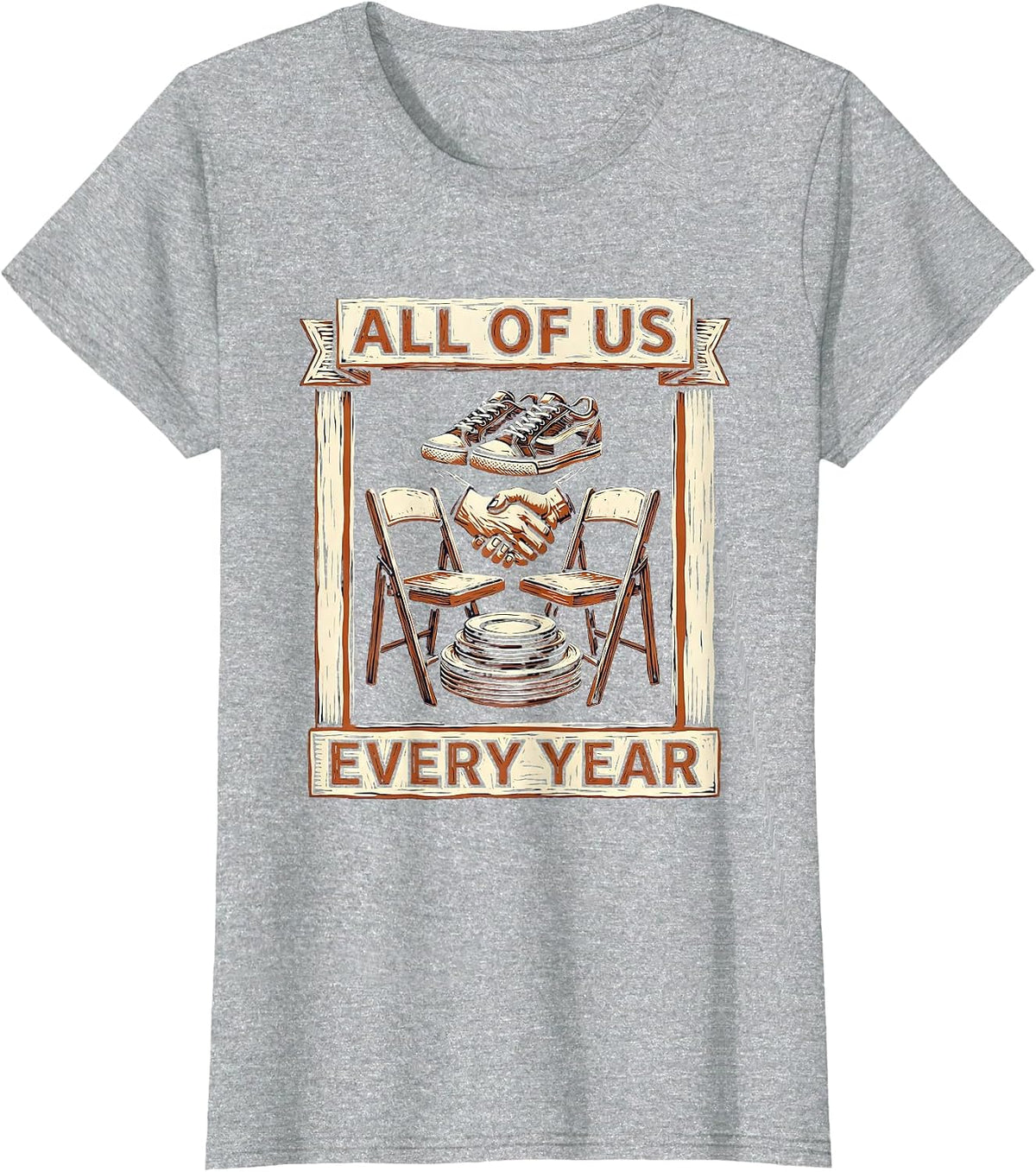 Women's All Of Us Every Year Linocut Family Reunion Matching T-Shirt - Heather Grey