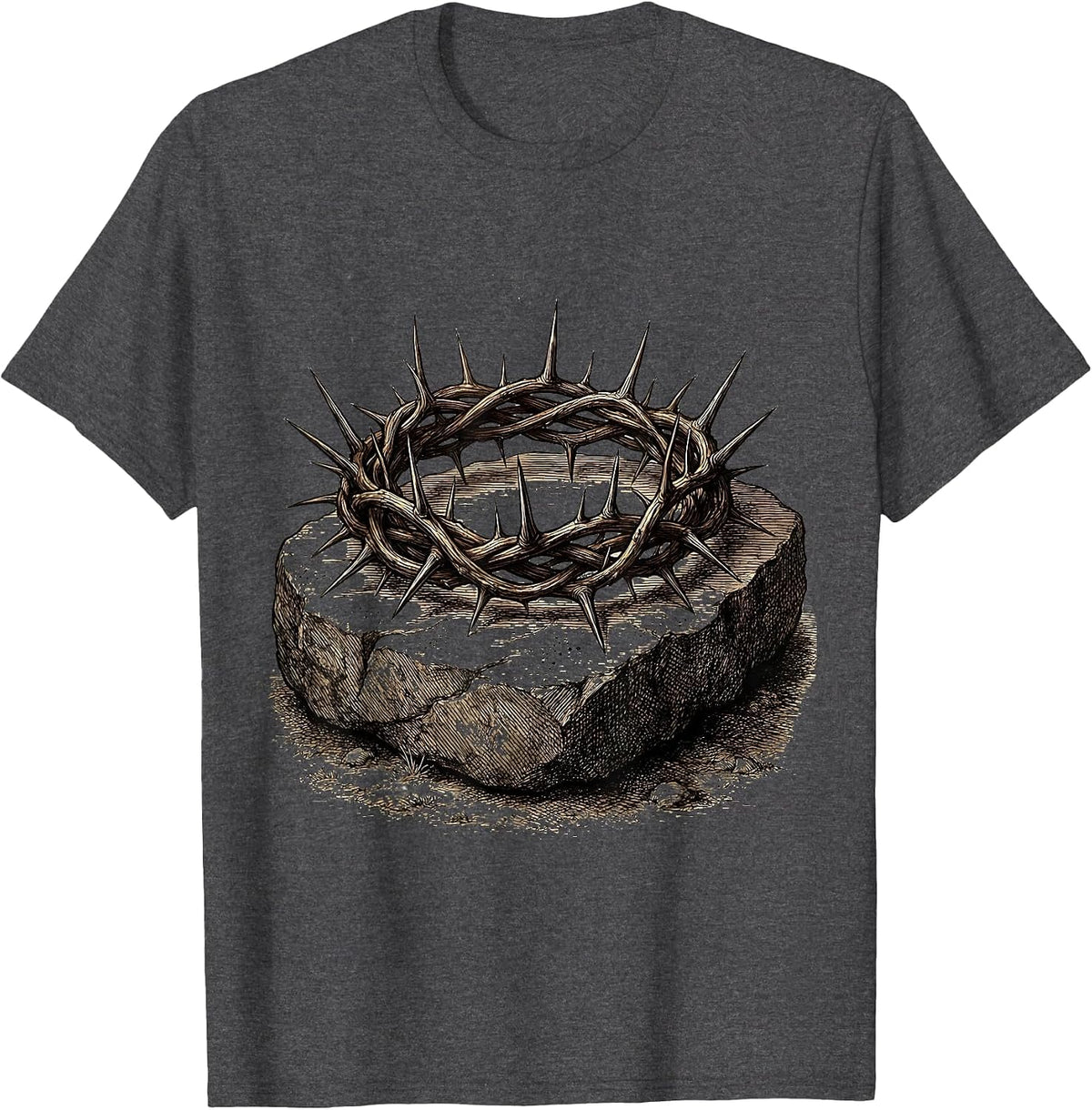Crown of Thorns on Stone Christian Graphic T-Shirt - Dark Heather Grey