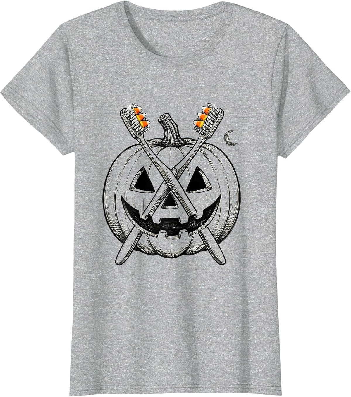 Crossed Toothbrush Jack-O-Lantern Halloween Dental Staff T-Shirt - Heather Grey