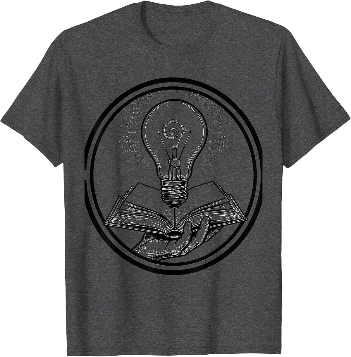 Reading Teacher Lightbulb Book Illustration T-Shirt - Dark Heather Grey
