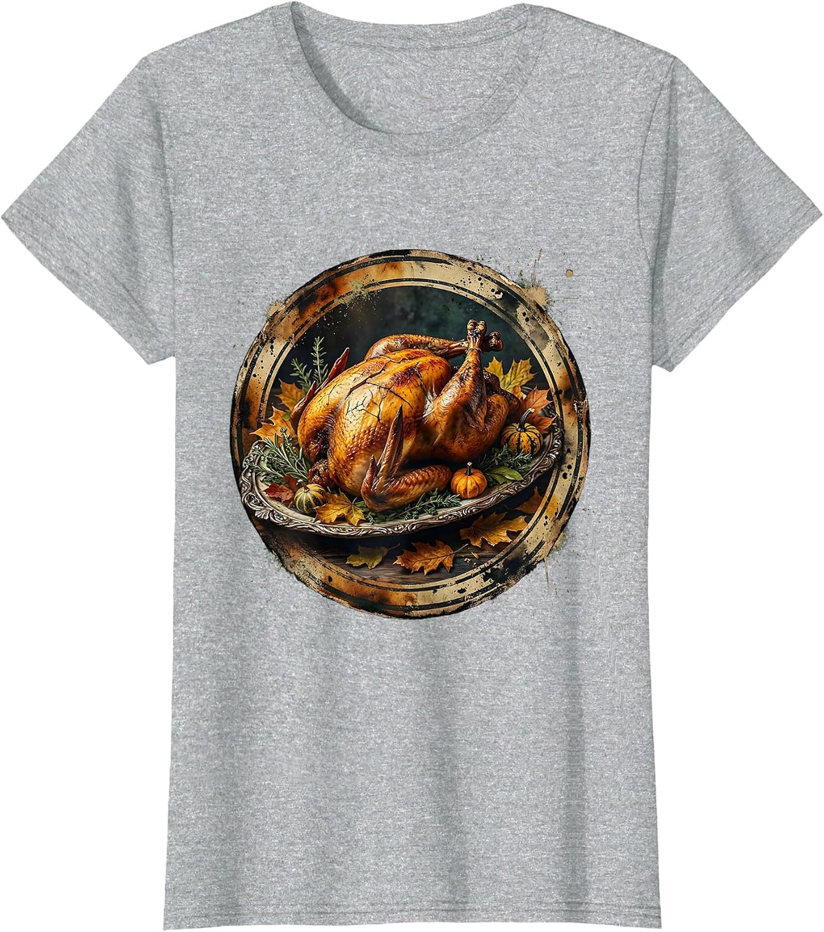 Women's Thanksgiving Roasted Turkey Platter Illustration T-Shirt - Heather Grey