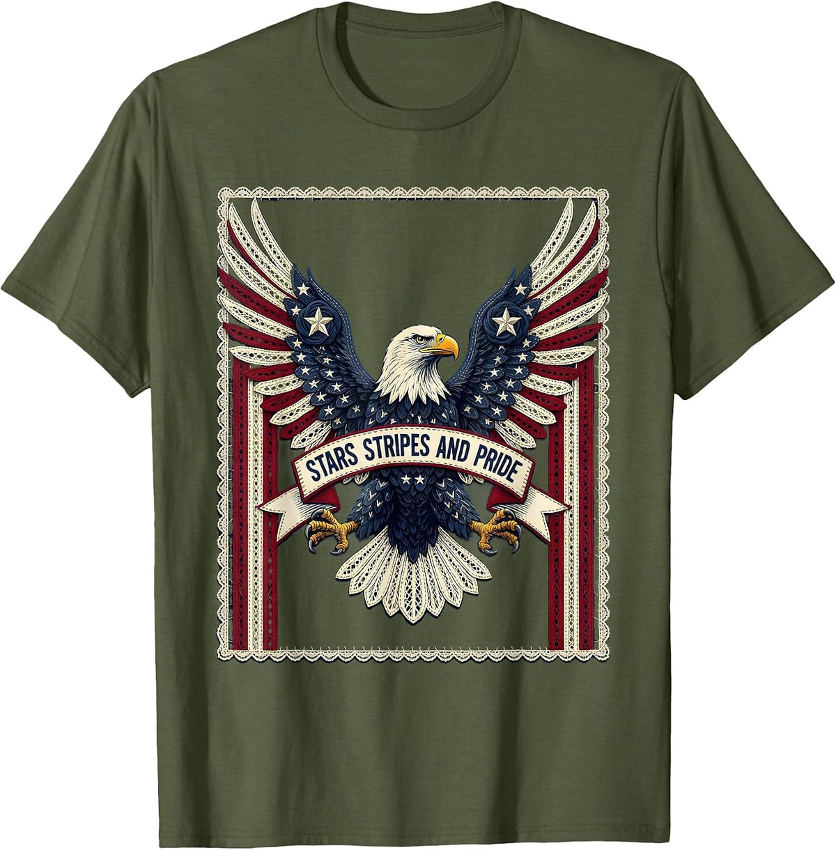Stars Stripes and Pride Patriotic Design T-Shirt - Olive Green