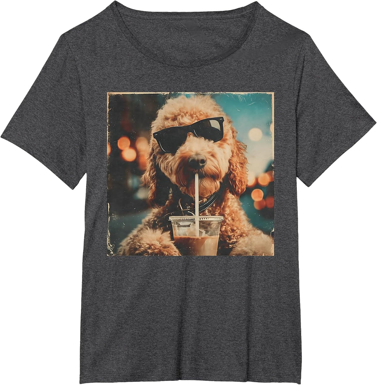 Funny Goldendoodle Drinking Iced Coffee Dog with Sunglasses T-Shirt - Dark Heather Grey