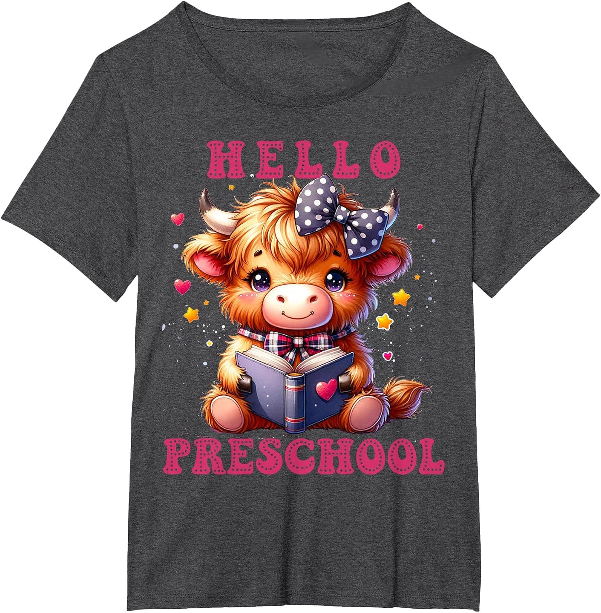 Hello Preschool Cute Highland Cow Lover Back to School T-Shirt - Dark Heather Grey