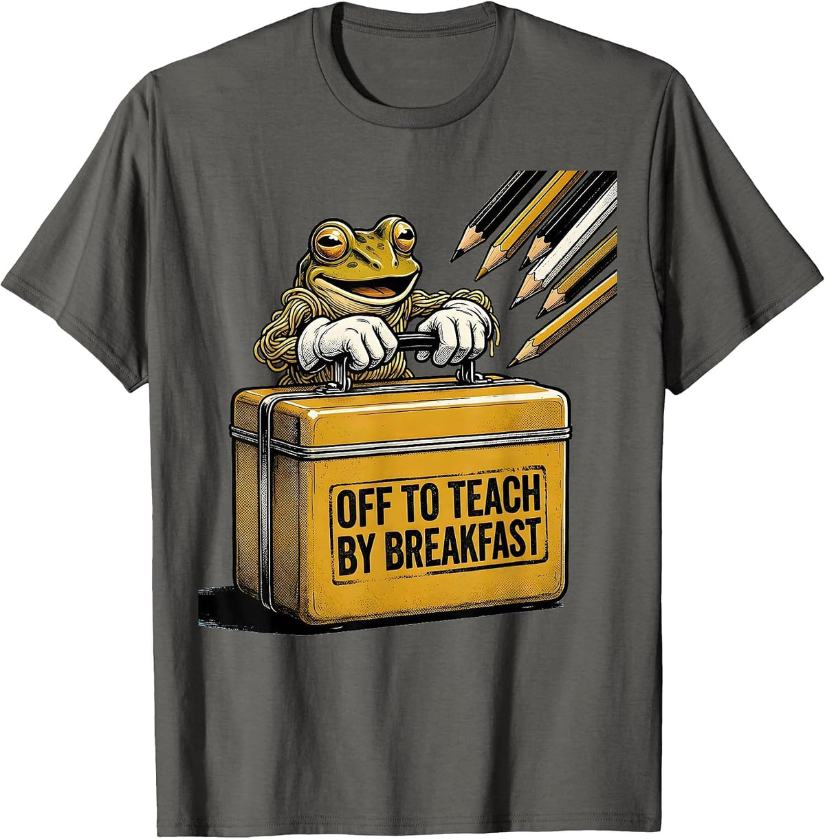 Men's Off To Teach By Breakfast Funny Frog Teacher Back To School T-Shirt - Asphalt Grey
