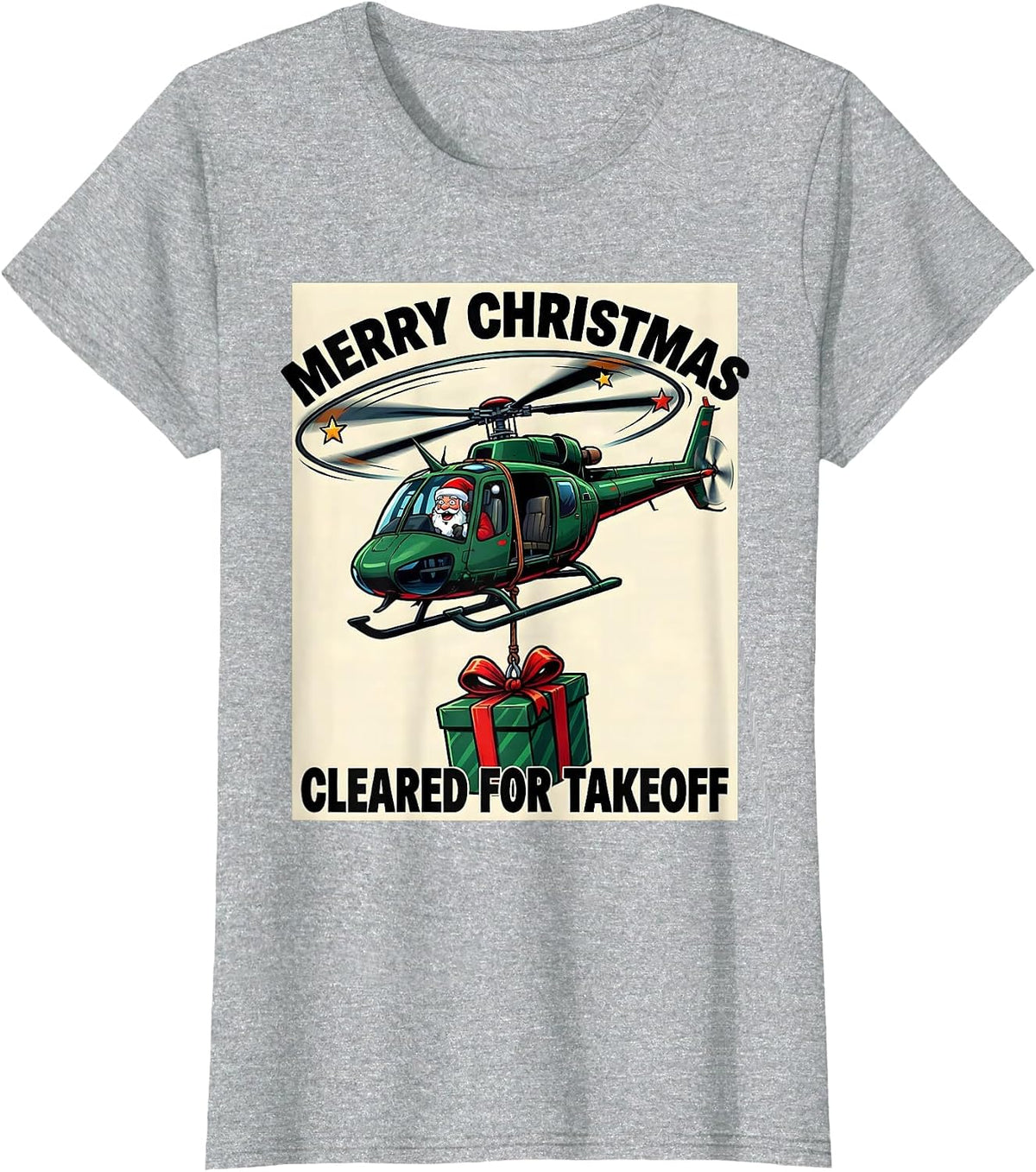 Merry Christmas Cleared For Takeoff Cartoon Pilot Aviation T-Shirt - Heather Grey