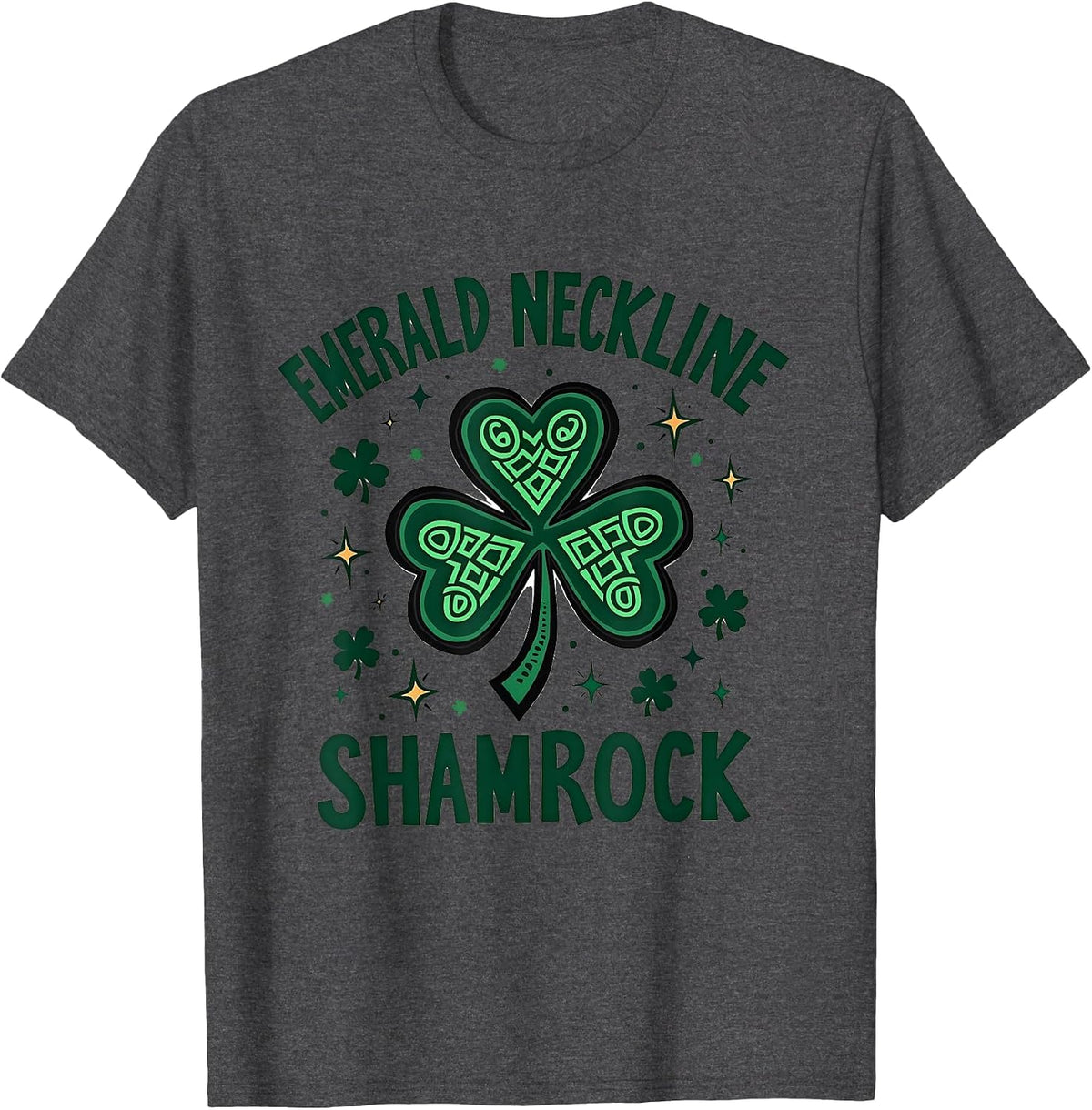 Emerald Neckline Shamrock St Patricks Day Design T-Shirt - Dark Heather Grey