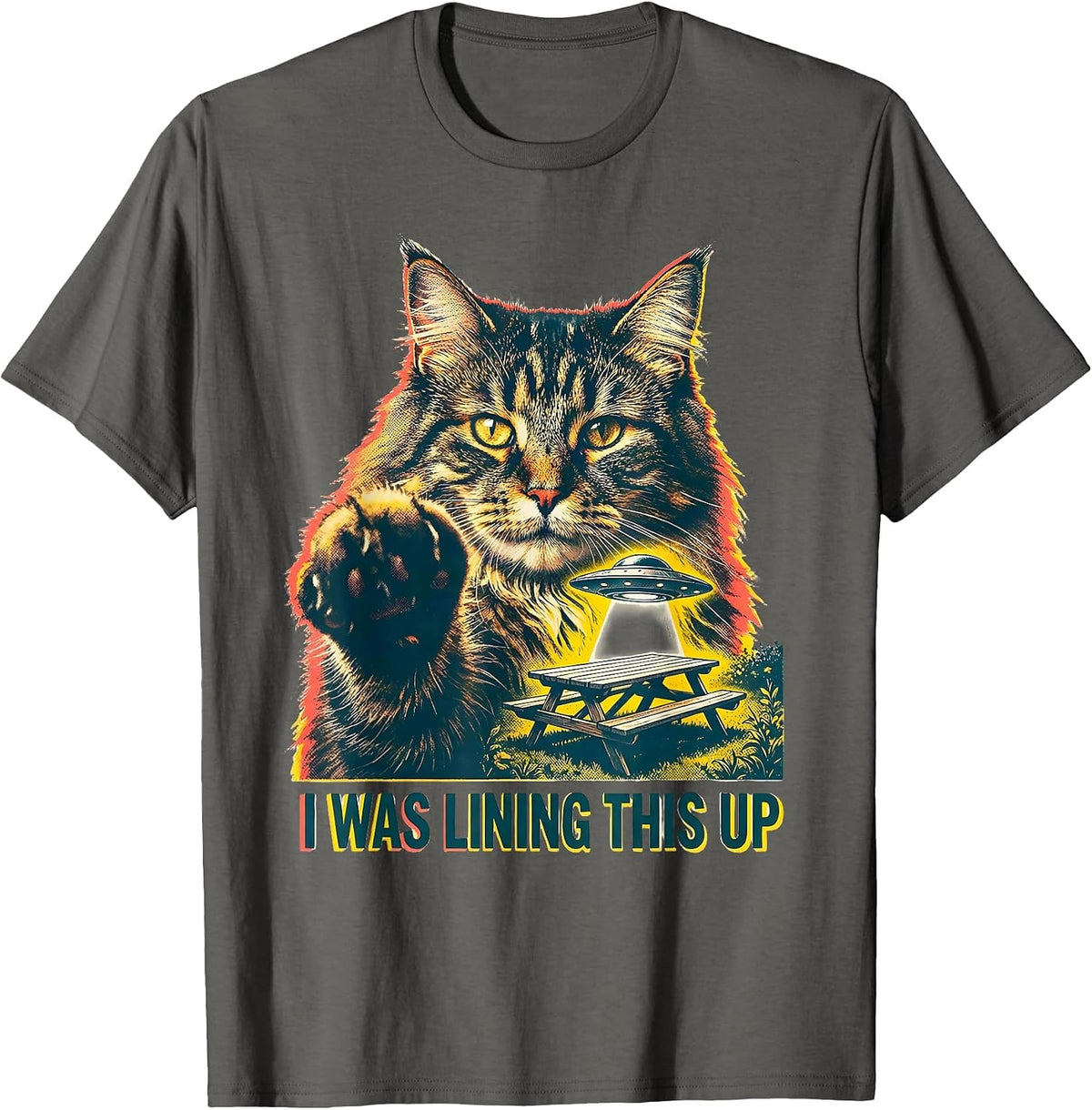 Men's I Was Lining This Up Risograph Funny Cat UFO Meme Novelty T-Shirt - Asphalt Grey