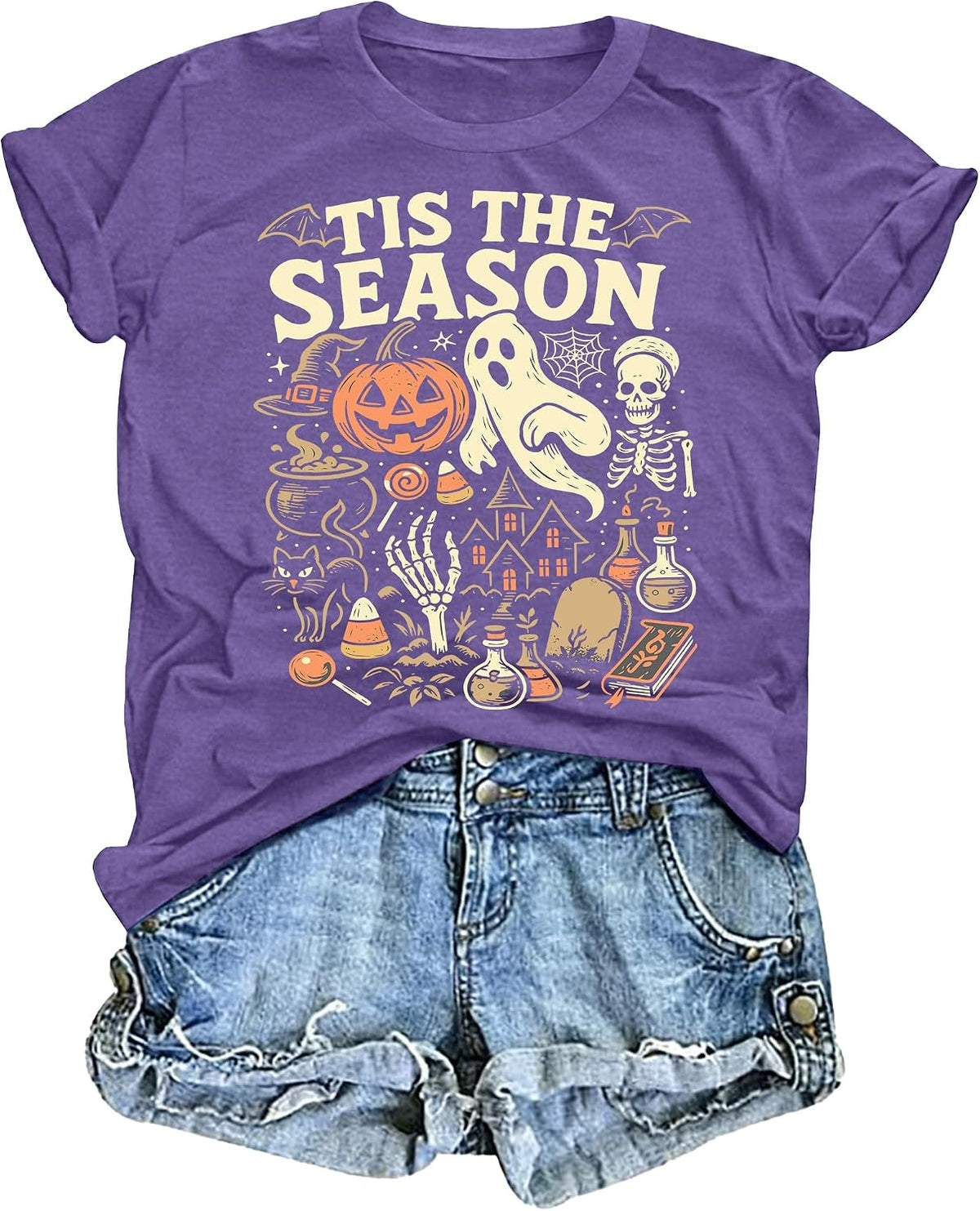 Halloween Shirts for Women Spooky Season Short Sleeve Tis The Season Tee - Purple
