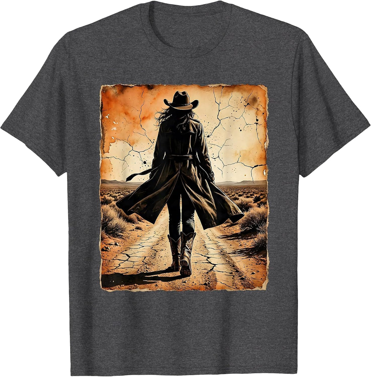 Cowboy Duster Coat Dusty Trail Walking Graphic T-Shirt - Dark Heather Grey
