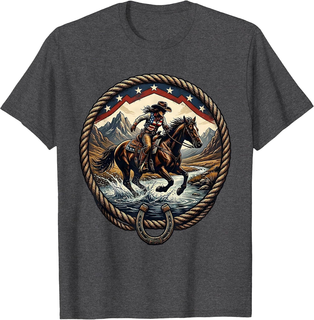 Men's Cowgirl Riding Horse Through Mountain River T-Shirt - Dark Heather Grey