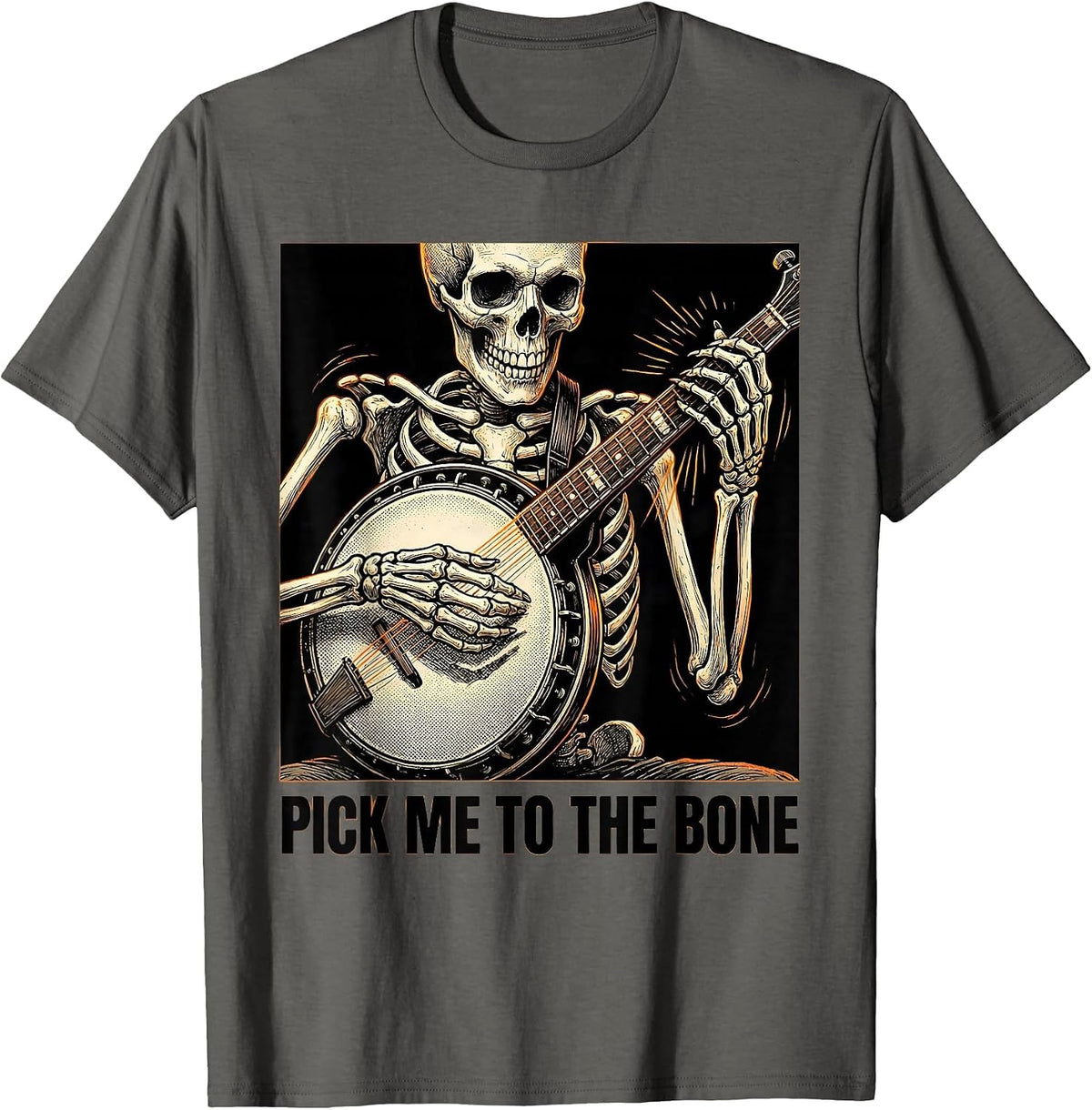 Men's Pick Me To The Bone Funny Skeleton Banjo Player Halloween T-Shirt - Asphalt Grey