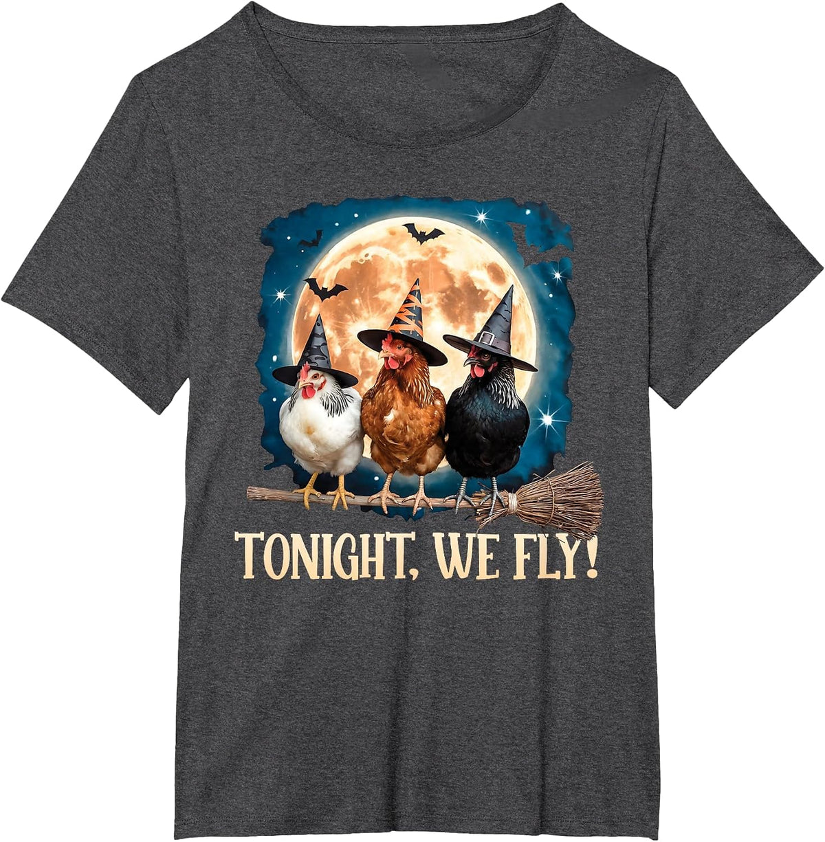 Tonight We Fly Moon Bat Funny Spooky Chicken Witch Halloween T-Shirt - Dark Heather Grey
