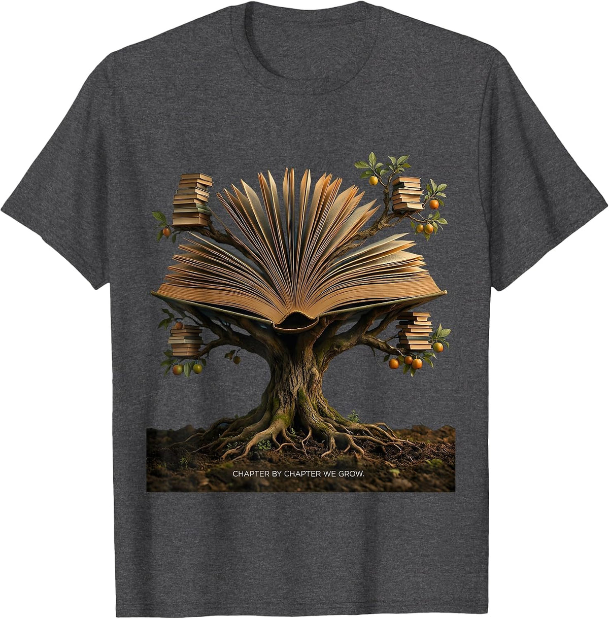 Chapter by Chapter We Grow Reading Teacher Design T-Shirt - Dark Heather Grey