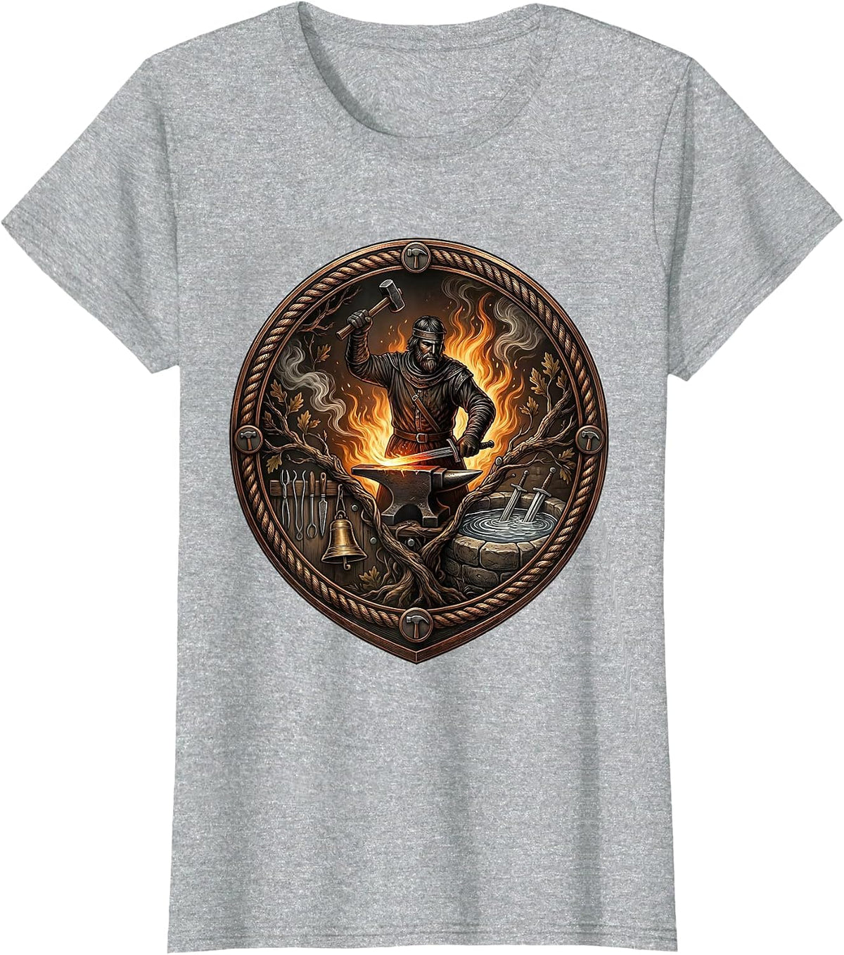 Women's Medieval Blacksmith Forging Sword at the Forge T-Shirt - Heather Grey
