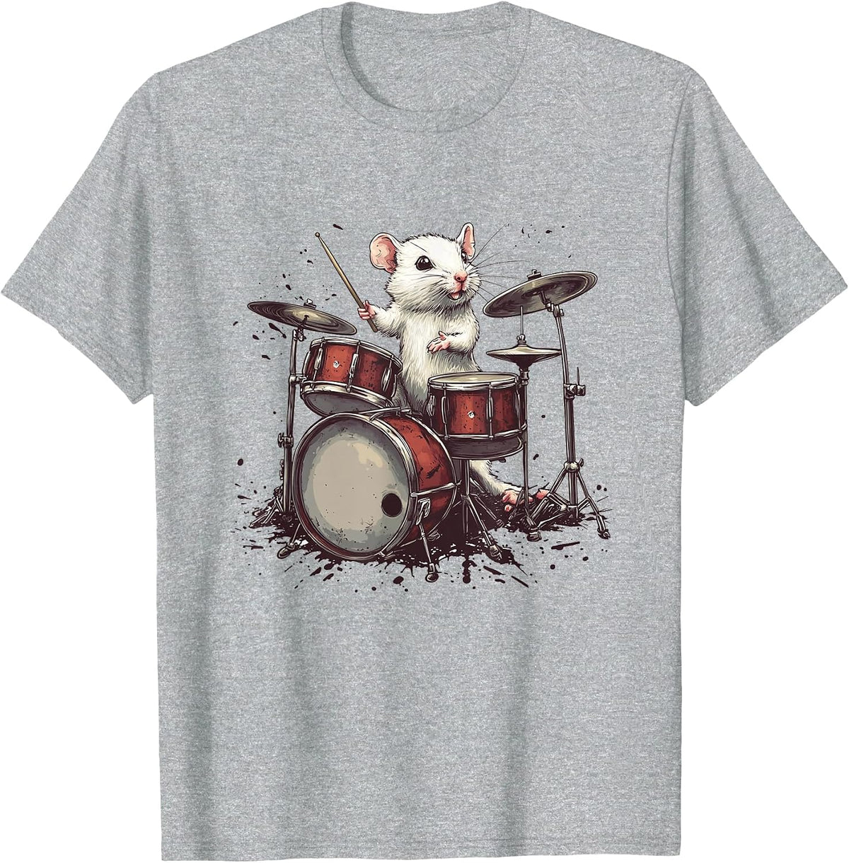 Rock the Stage with This White Rat and Drums T-Shirt - Heather Grey