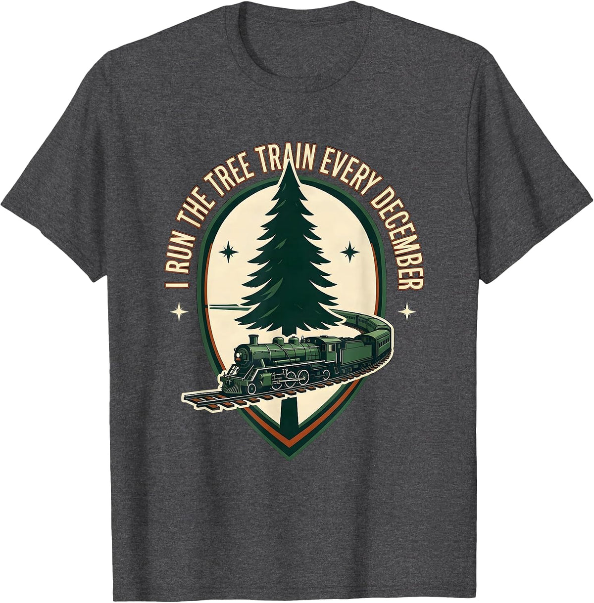Men's I Run The Tree Train Every December Vintage Train Enthusiast T-Shirt - Dark Heather Grey