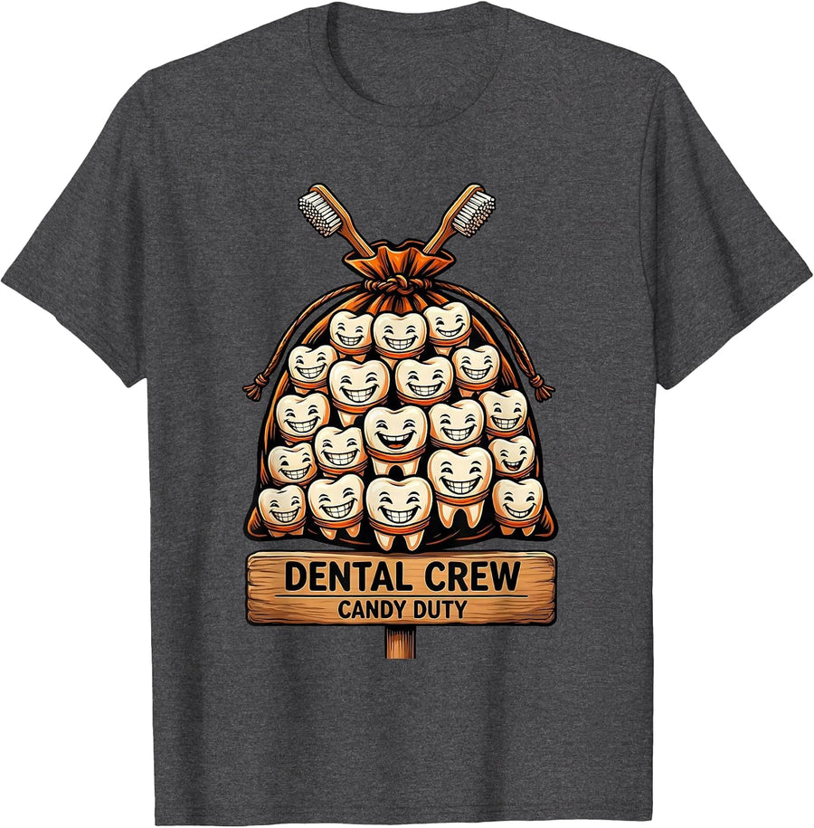 Men's Dental Crew Candy Duty Funny Dental Team Crew Halloween T-Shirt - Dark Heather Grey