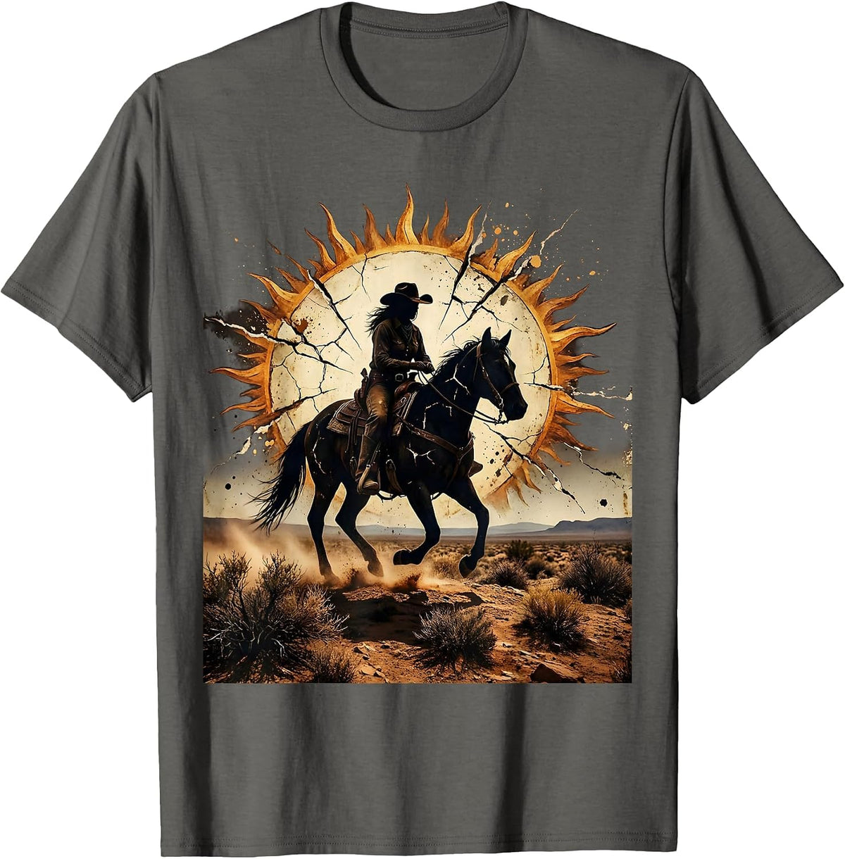 Men's Lone Cowgirl Silhouette Sunset Country Music T-Shirt - Asphalt Grey