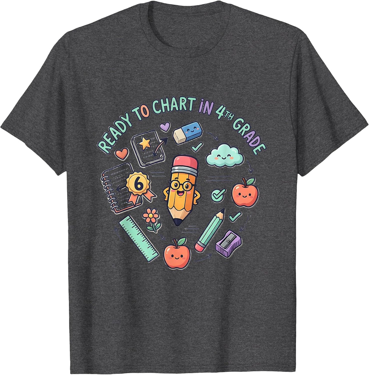 Ready to Chart in 4th Grade Cute Kawaii Stationery Doodle T-Shirt - Dark Heather Grey