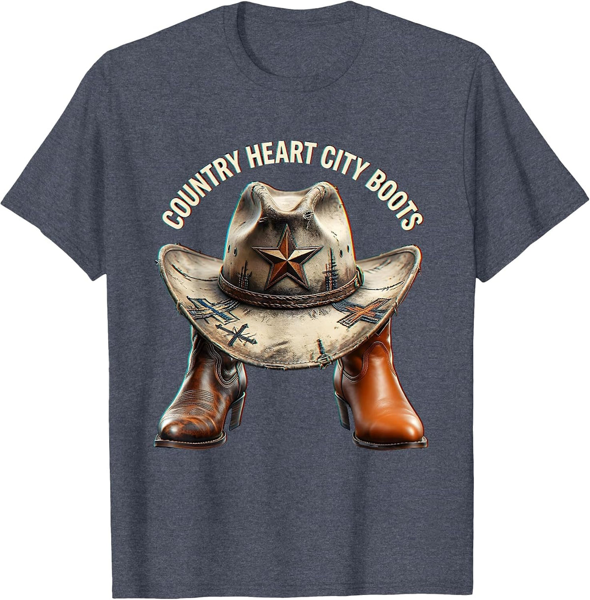Country Heart City Boots Cowboy Design T-Shirt - Heather Blue