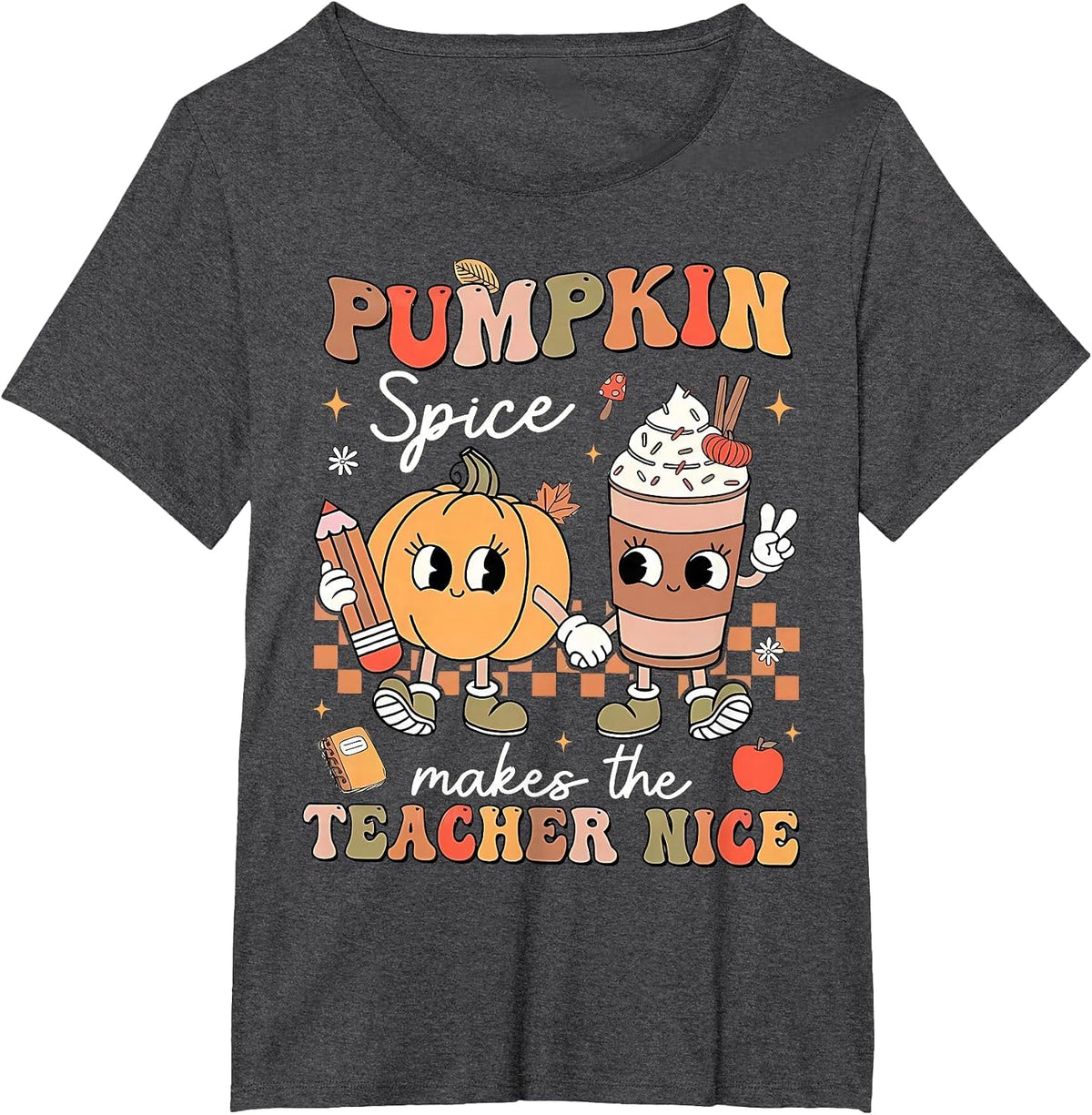 Pumpkin Spice Makes Teacher Nice Retro Fall Spooky Season T-Shirt - Dark Heather Grey