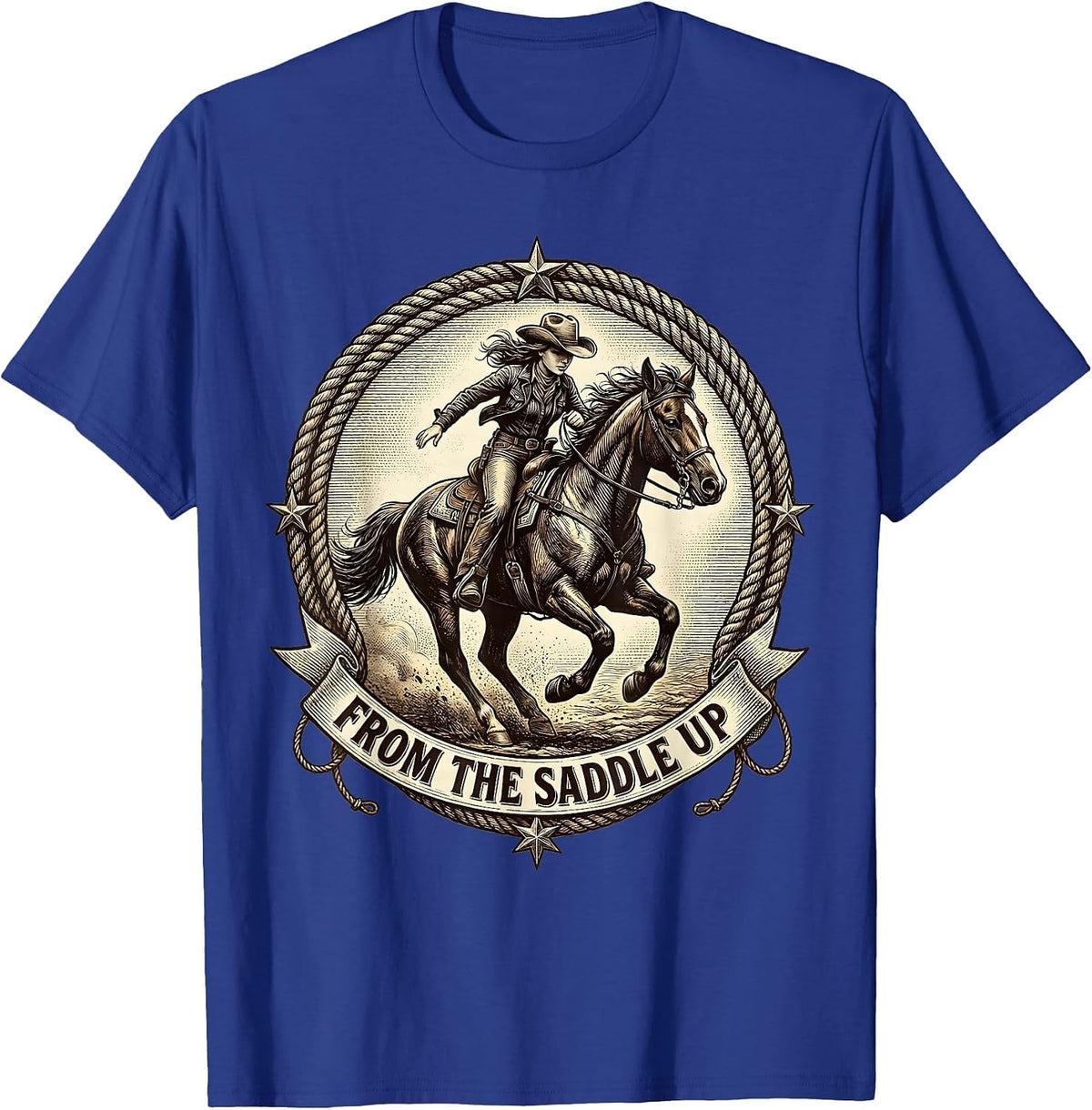 From the Saddle Up Cowgirl Riding Design T-Shirt - Royal Blue