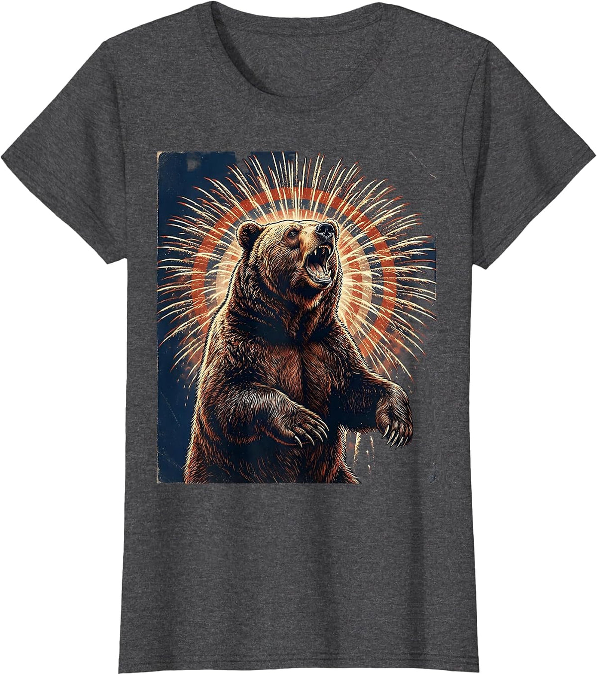 Women's Red White Blue Roaring Bear Firework Burst T-Shirt - Dark Heather Grey