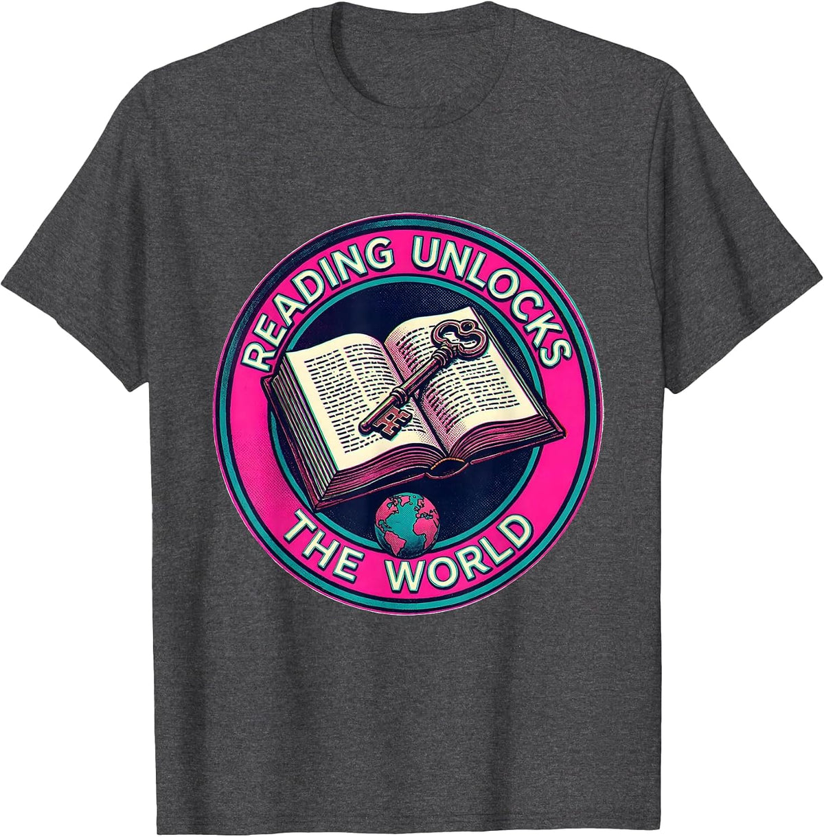 Reading Unlocks the World Teacher Design T-Shirt - Dark Heather Grey