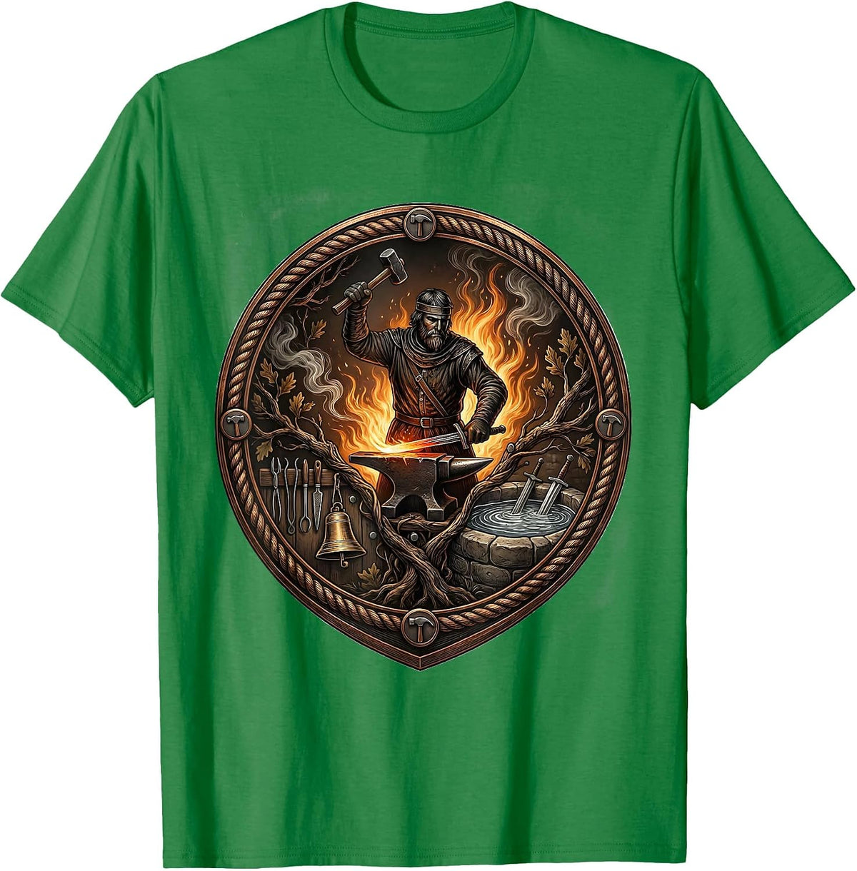 Men's Medieval Blacksmith Forging Sword at the Forge T-Shirt - Kelly Green