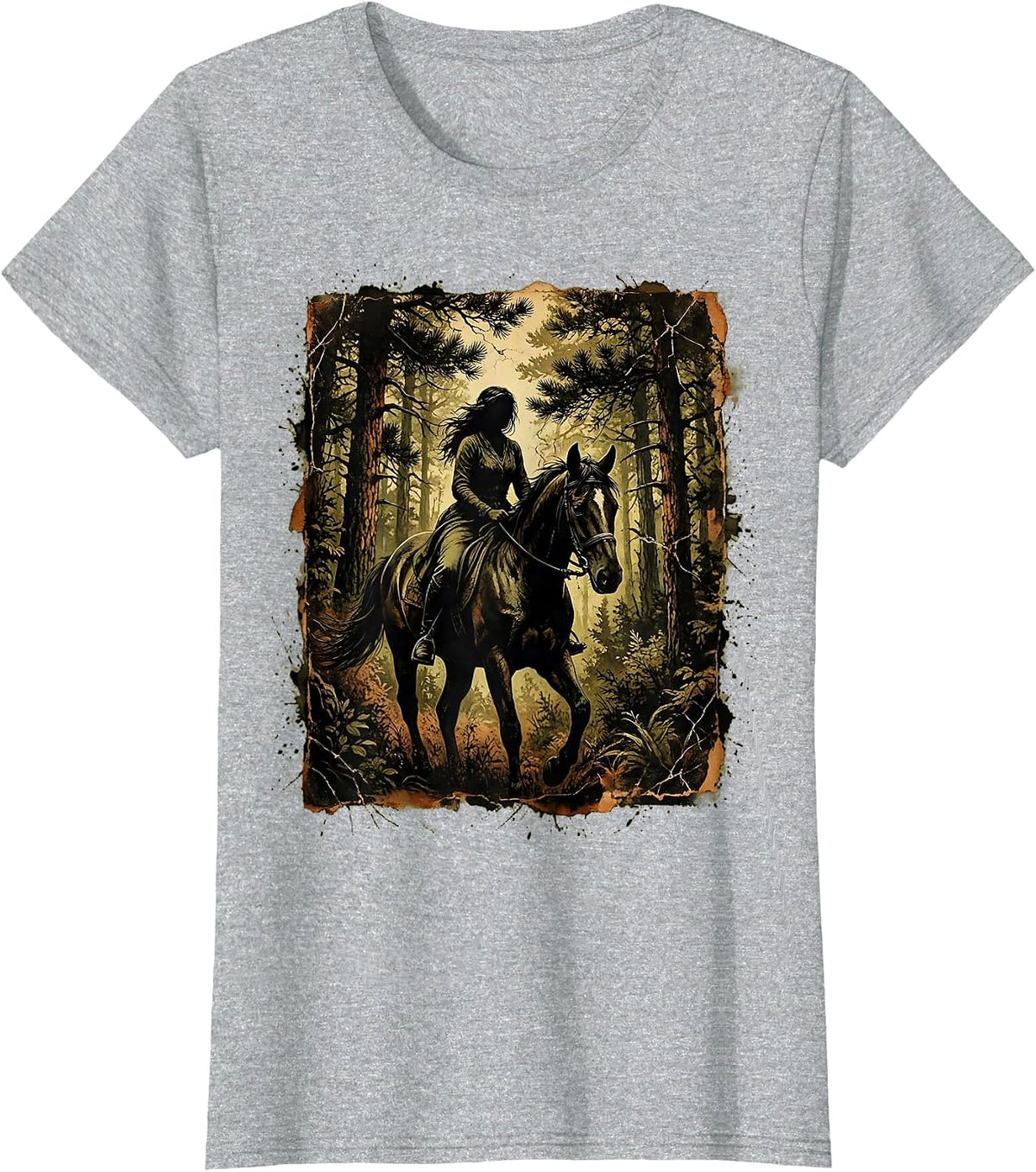 Women's Camo Horseback Rider Woodland Landscape Graphic T-Shirt - Heather Grey
