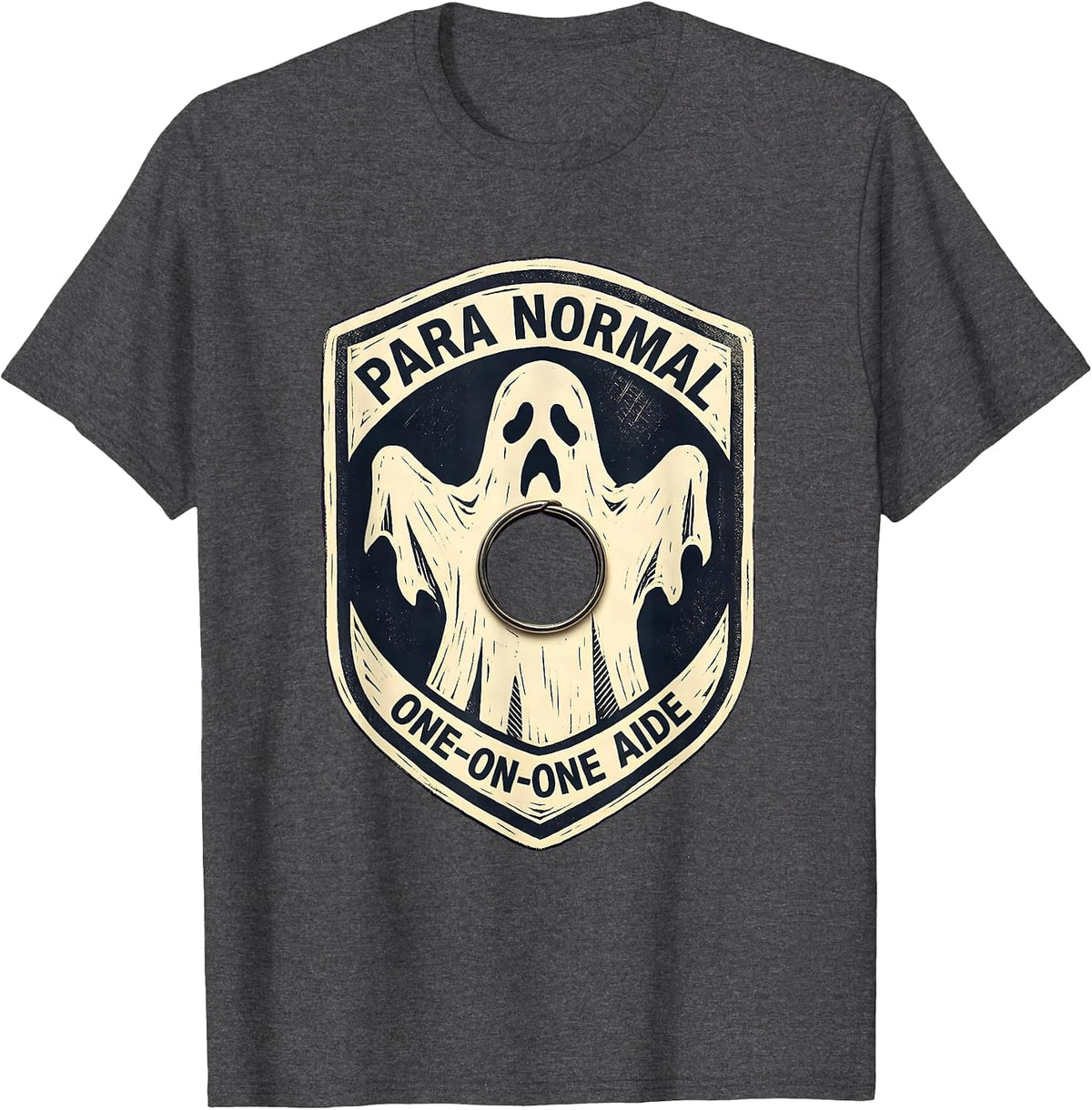 Men's Para Normal One-on-One Aide Linocut Ghost Para Teacher Aide T-Shirt - Dark Heather Grey