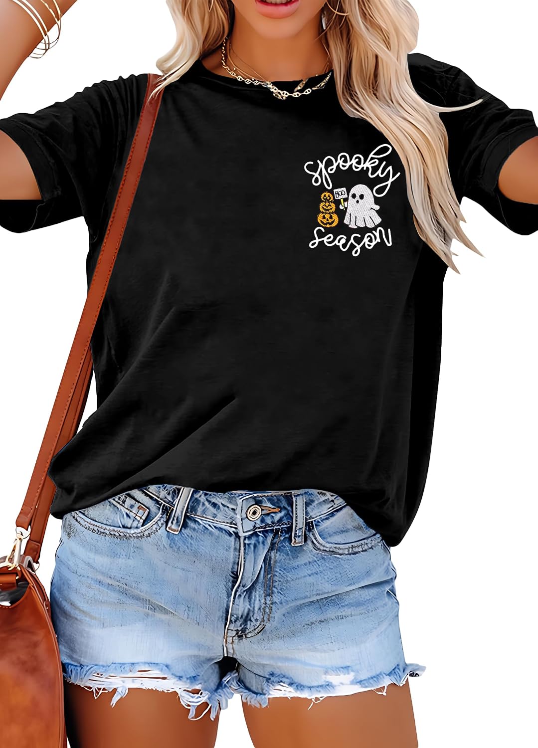 Embroidered Halloween Spooky Shirt Women: Ghost Tshirt Boo Bat Graphic Tee - Black-1