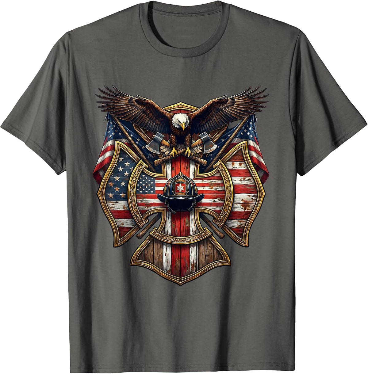 Weathered Barn Red White Blue Flag Stripes T-Shirt - Asphalt Grey