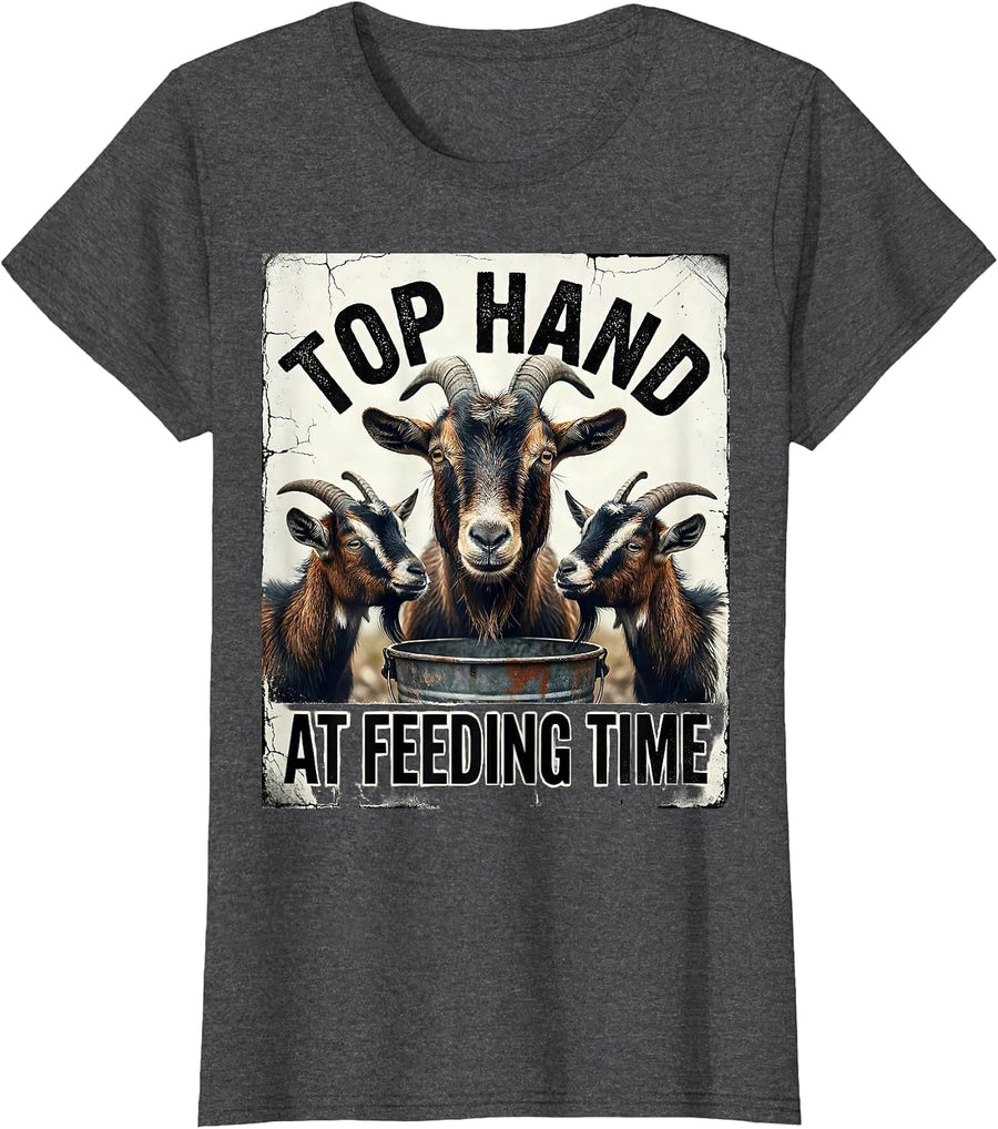 Women's Top Hand At Feeding Time Distressed Funny Goat Lover Farmer T-Shirt - Dark Heather Grey