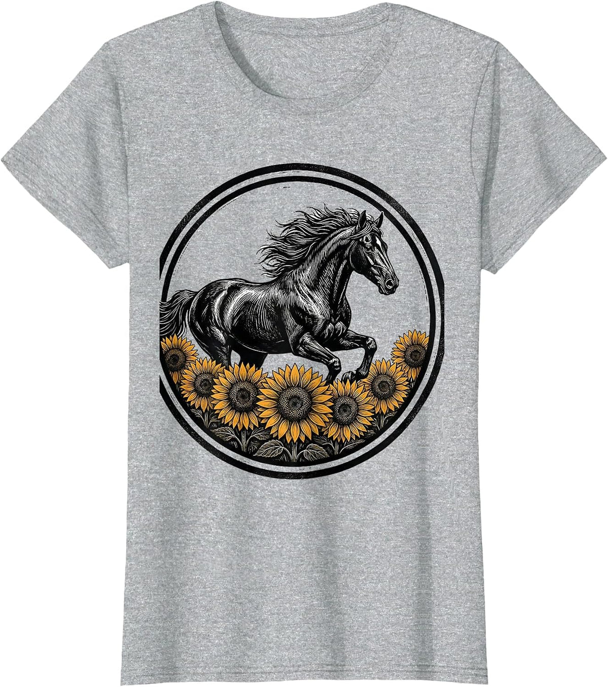Horse Galloping Through Sunflower Field T-Shirt - Heather Grey