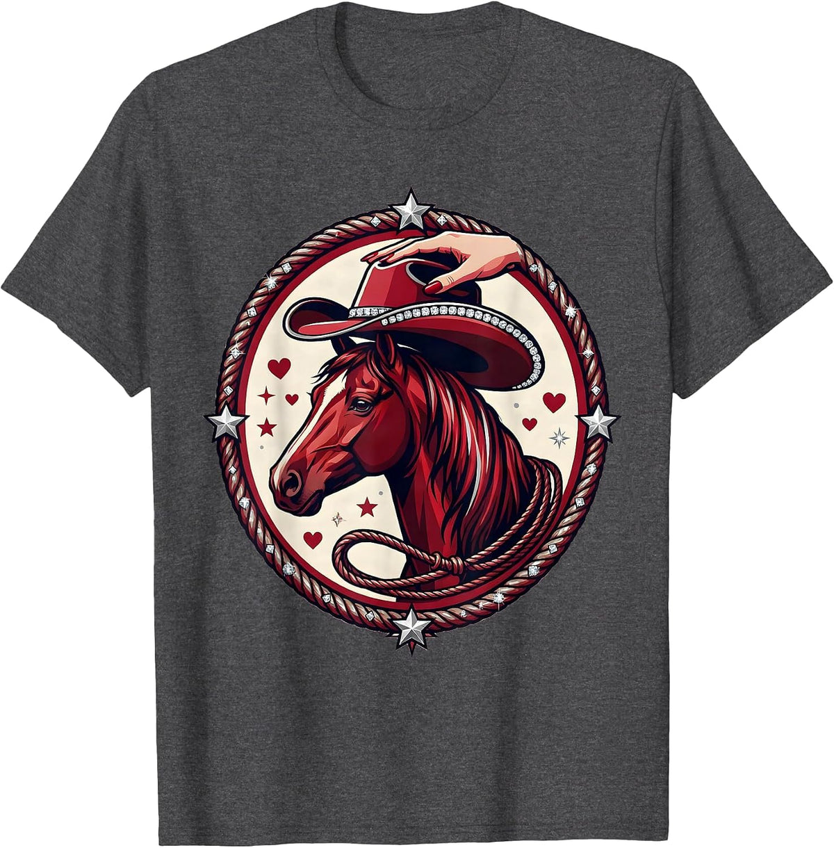 Men's Cowgirl Placing Hat on Horse Graphic Tee T-Shirt - Dark Heather Grey