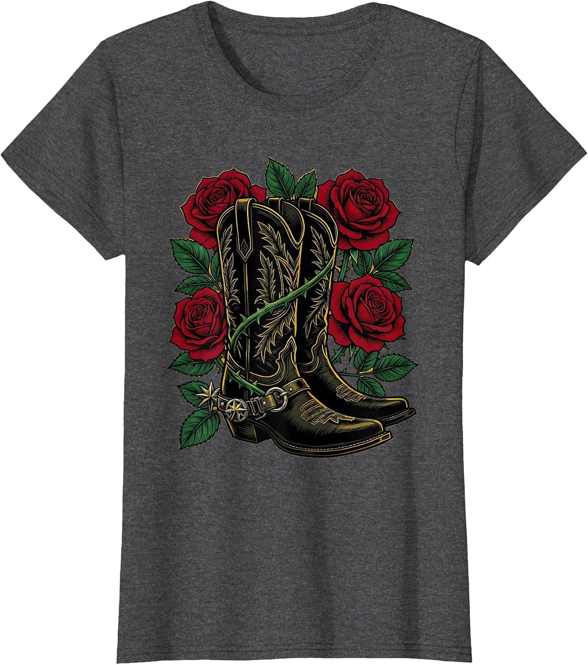 Women's Cowboy Boots Spurs and Roses Western Graphic T-Shirt - Dark Heather Grey
