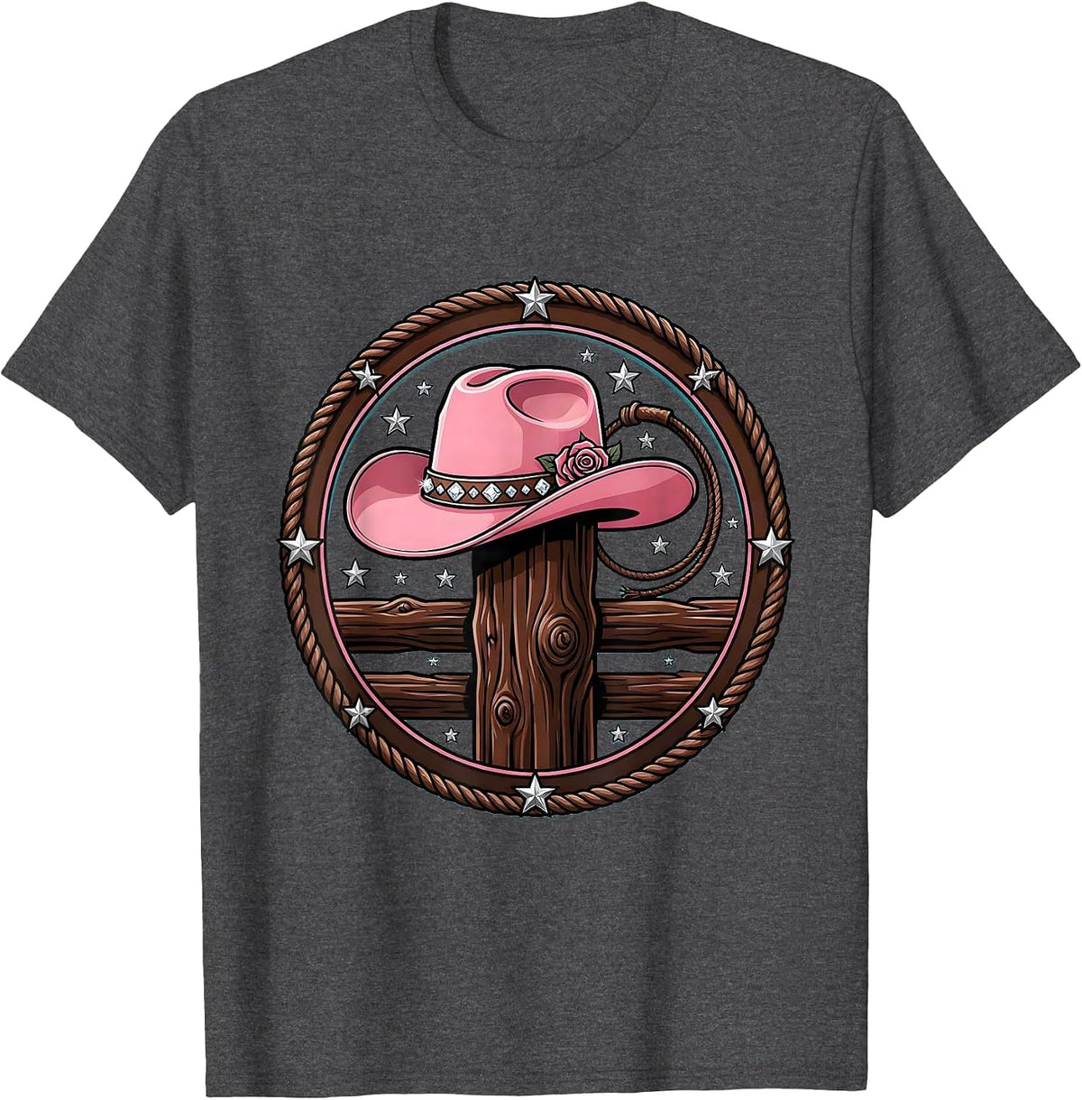 Men's Cowgirl Hat on Fence Post 90s Country Graphic T-Shirt - Dark Heather Grey