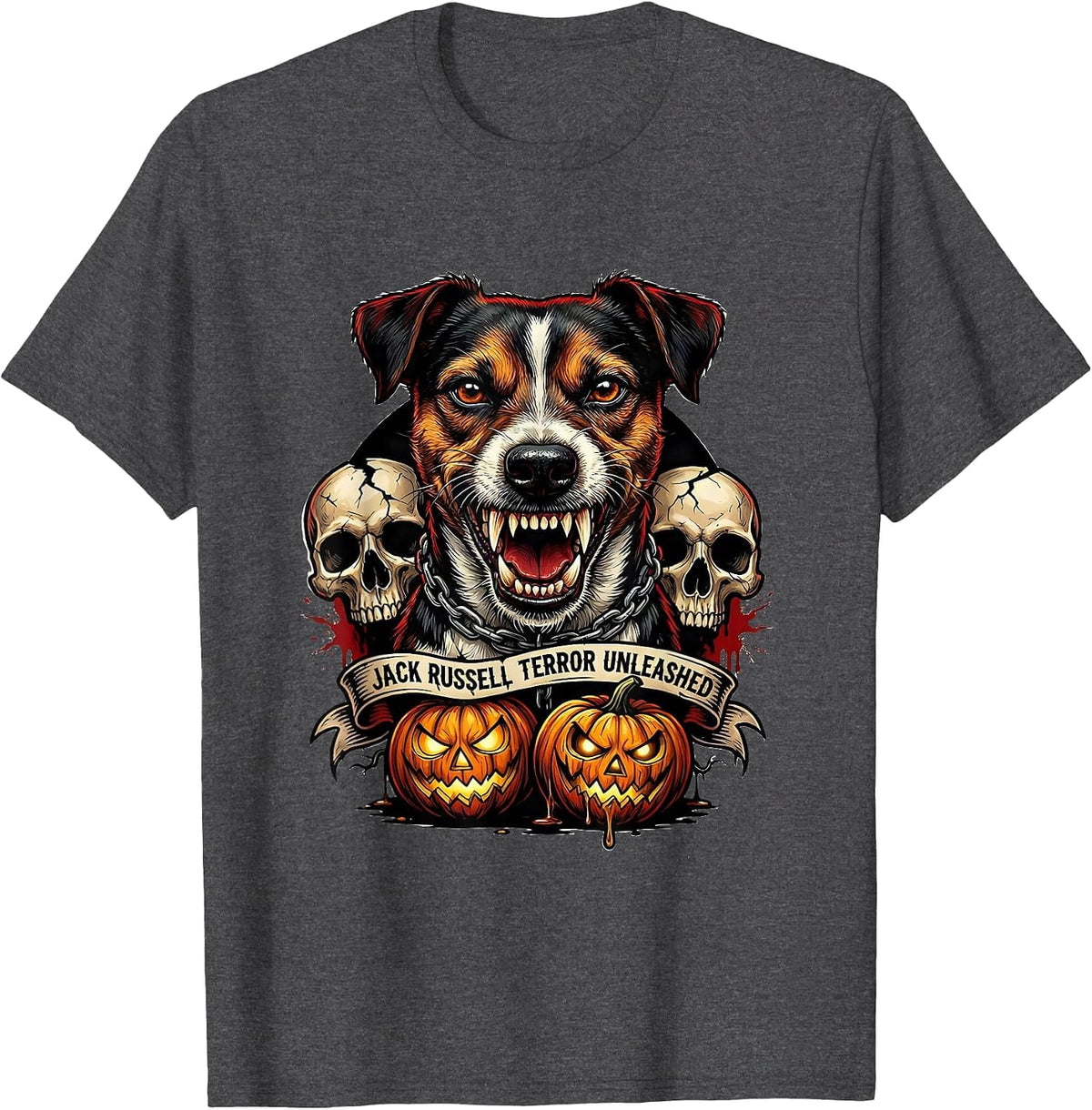 Halloween Jack Russell Terror Unleashed Dog Design T-Shirt - Dark Heather Grey