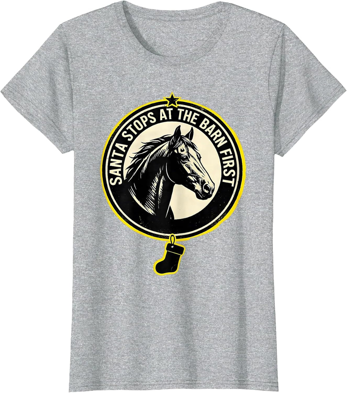 Santa Stops At The Barn First Funny Horse Lover Christmas T-Shirt - Heather Grey
