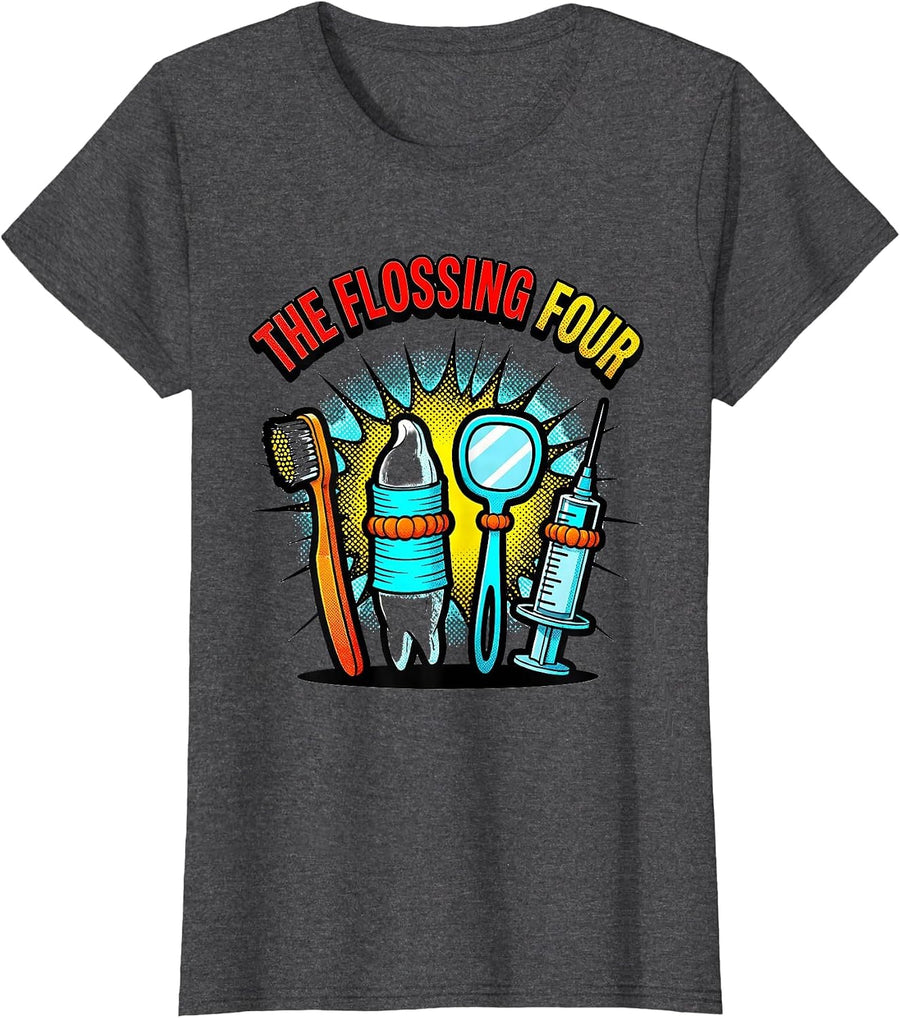 Women's The Flossing Four Pop Art Dental Humor Halloween Dentist T-Shirt - Dark Heather Grey