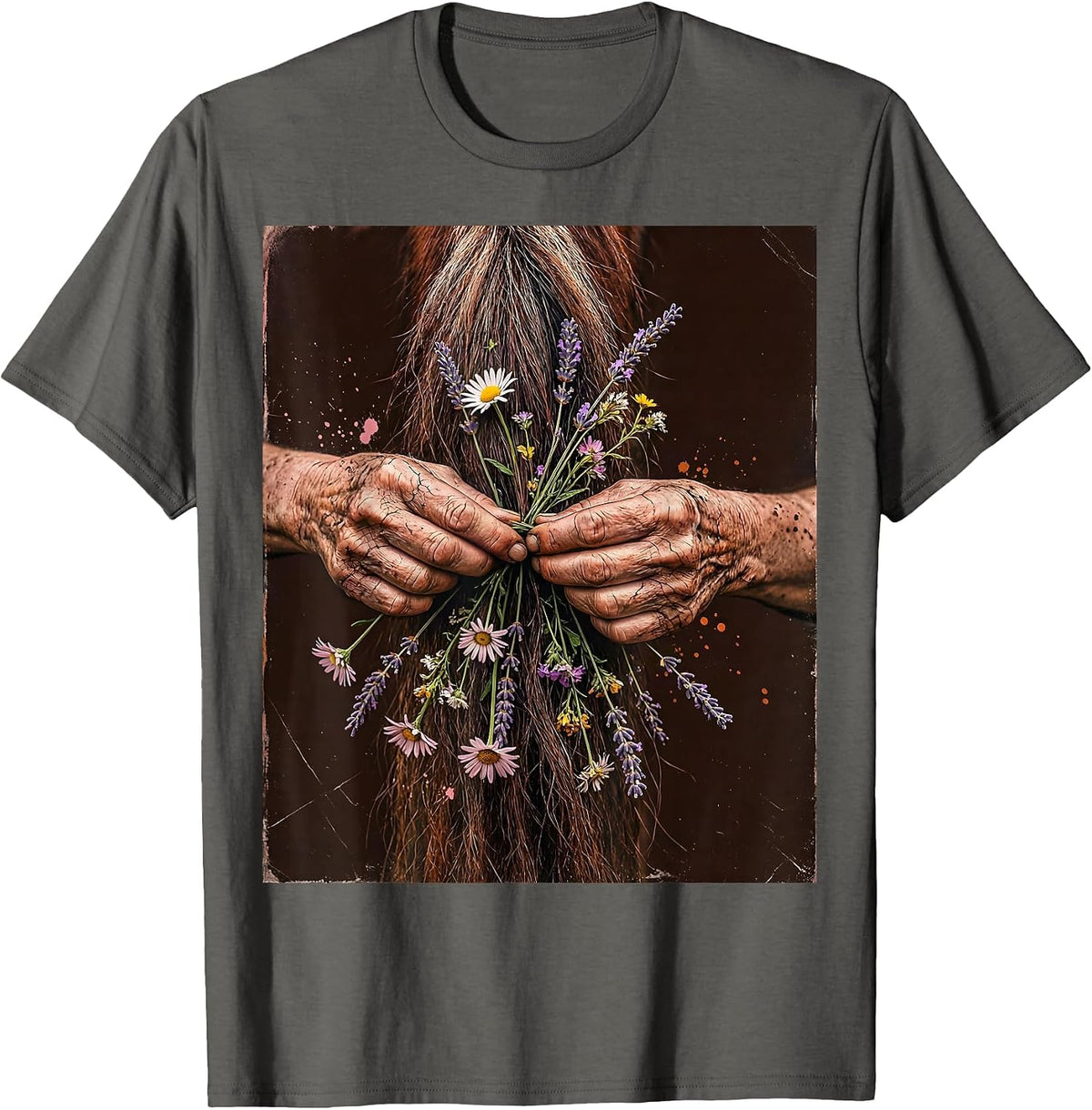 Men's Cowgirl Braiding Horse Tail With Wildflowers T-Shirt - Asphalt Grey